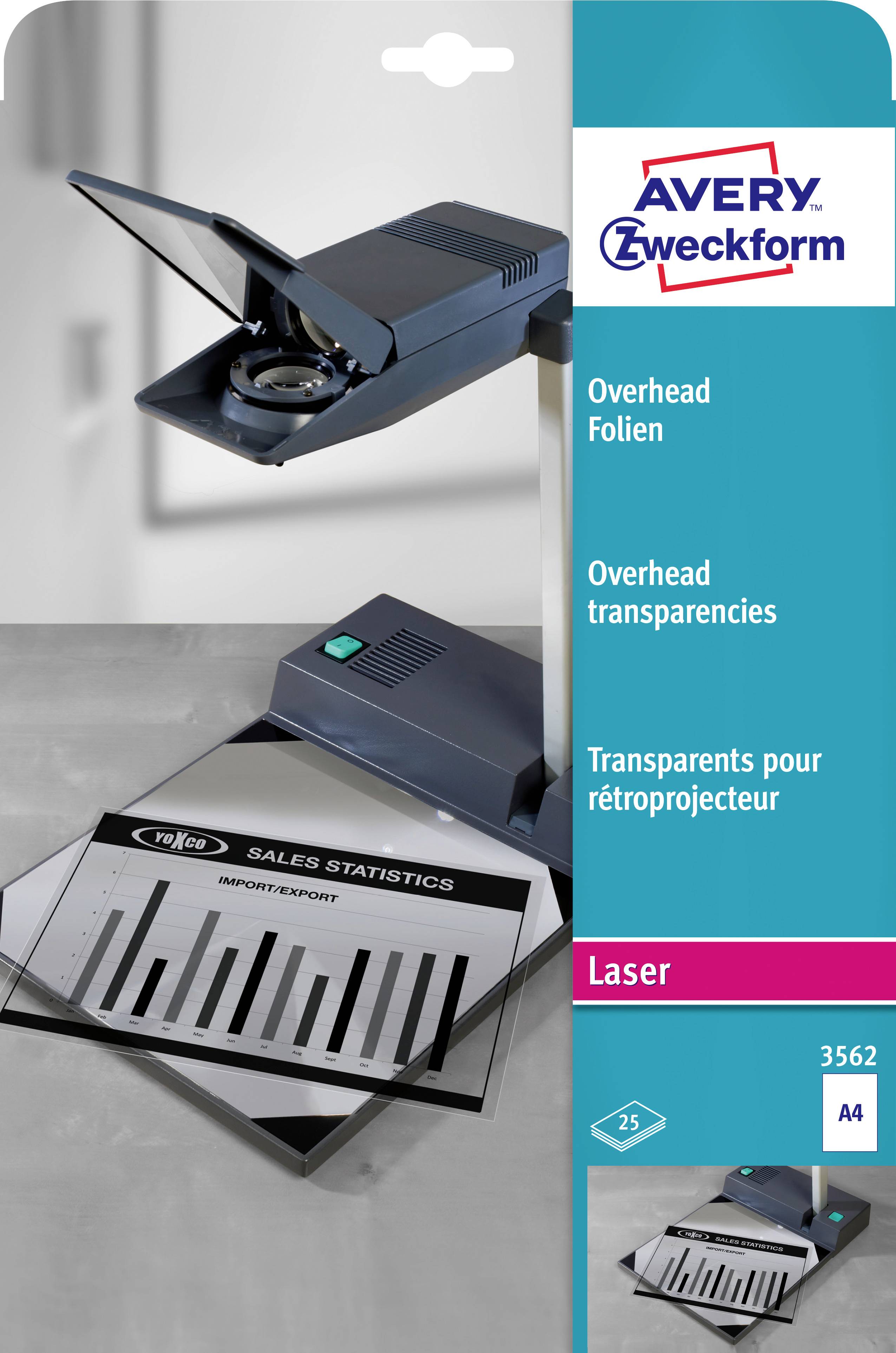 Avery Zweckform Verpackung für A4 Laser-Folien, zeigt einen Overheadprojektor und ein transparentes Blatt „Verkaufsstatistiken