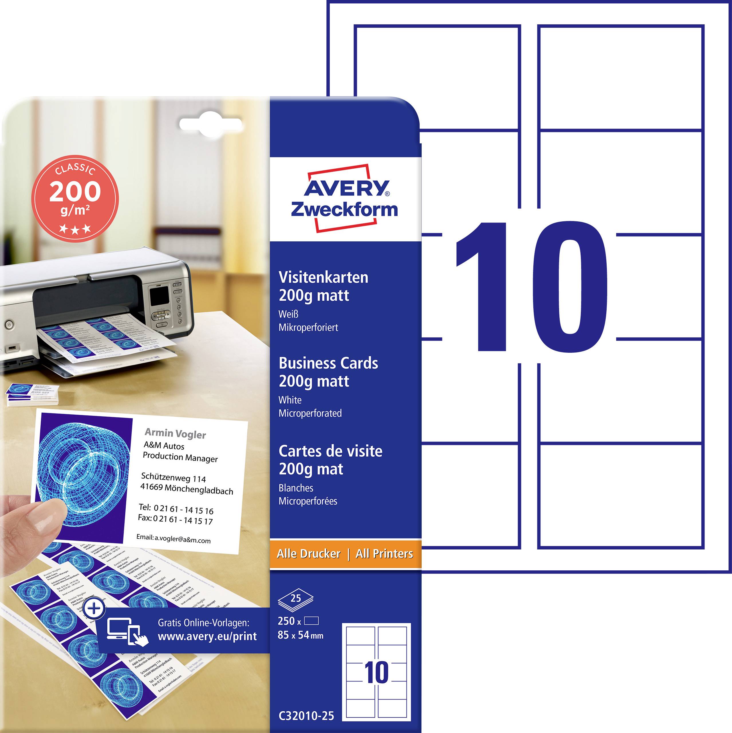 Avery Zweckform Visitenkartenetiketten für 10 Karten pro Blatt, 200 g/m² matter weiß, abgebildet mit Drucker und bedruckten Musterkartenausdruck.