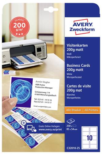 Avery-Zweckform C32010-25 Bedruckbare Visitenkarten, microperforiert 85 x 54 mm Weiß 250 St. Papier