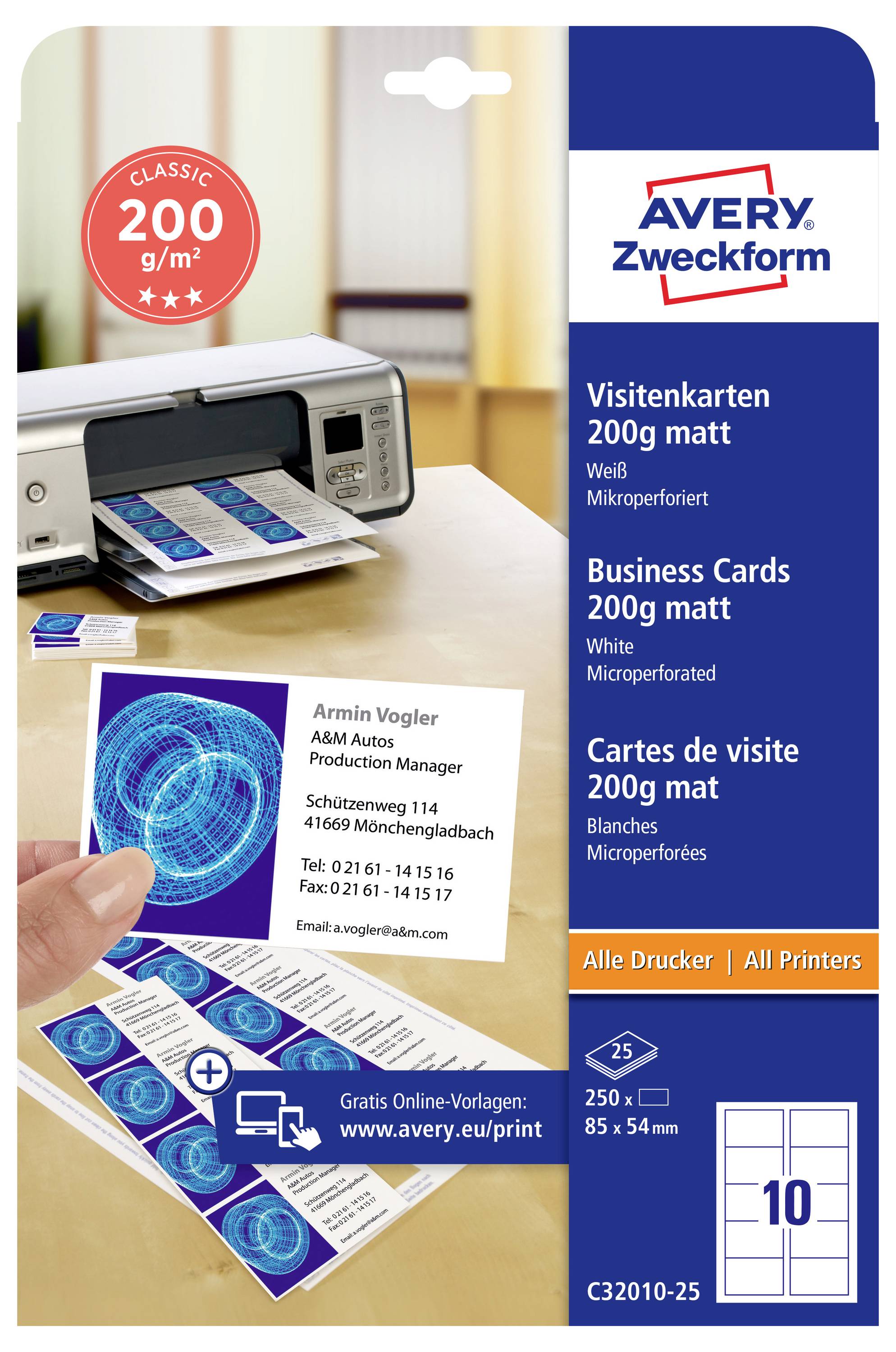 Avery Zweckform Visitenkarten 200 g/m² matt, weiß, mikroperforiert; Bild zeigt Drucker und vorgestanzte Karten im 85 x 54 mm Format.