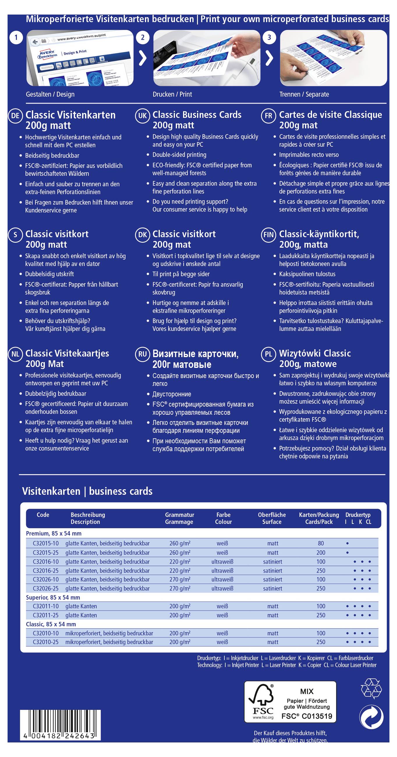 Blaues Produktplakat für gedruckte Visitenkarten mit Musterkartenbildern, mehrsprachigen Optionen für 