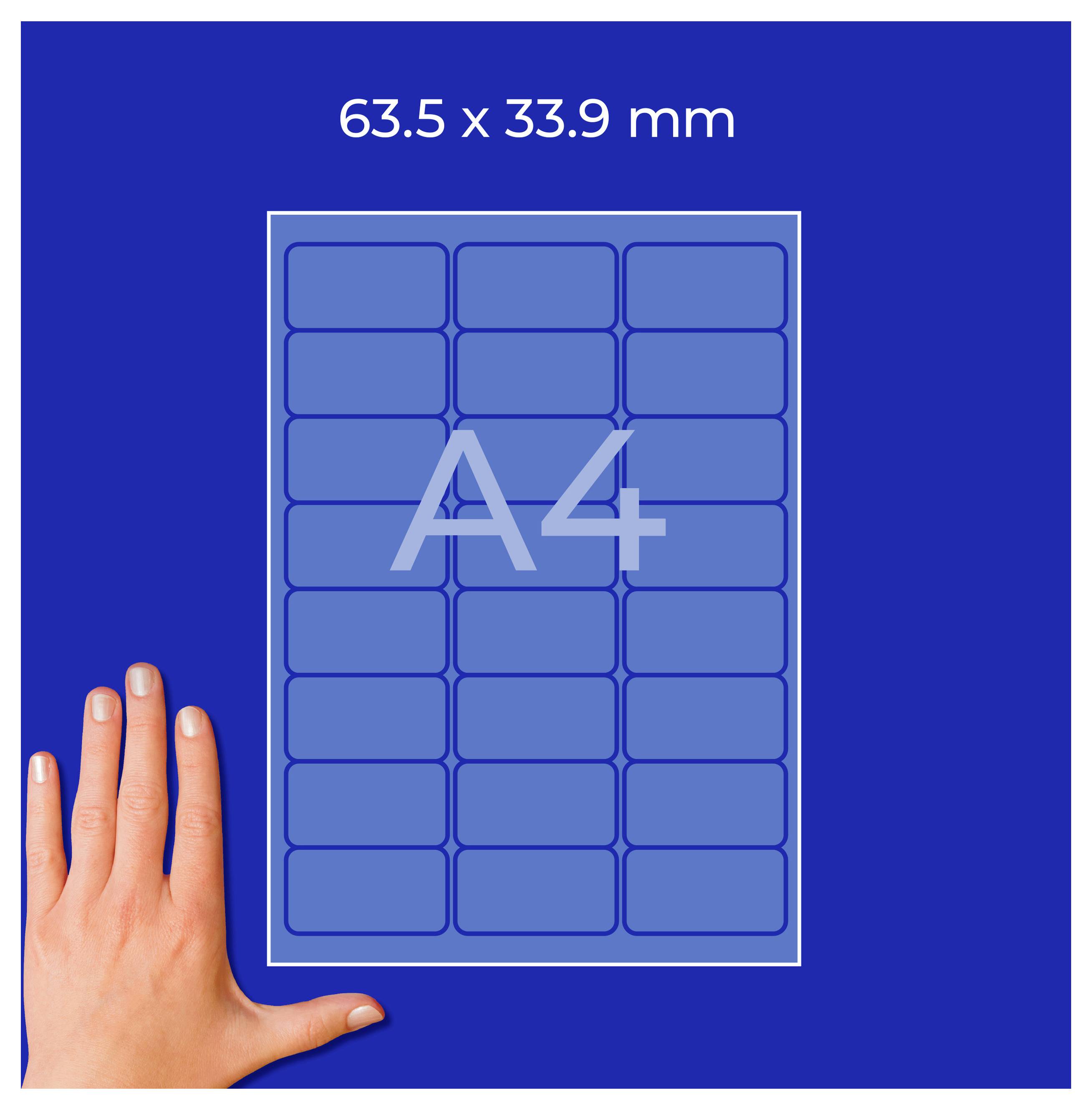 Diagramm mit A4-Format: 63,5 × 33,9 mm, dargestellt als Raster mit 'A4' in der Mitte; Hand zeigt die Größenreferenz.