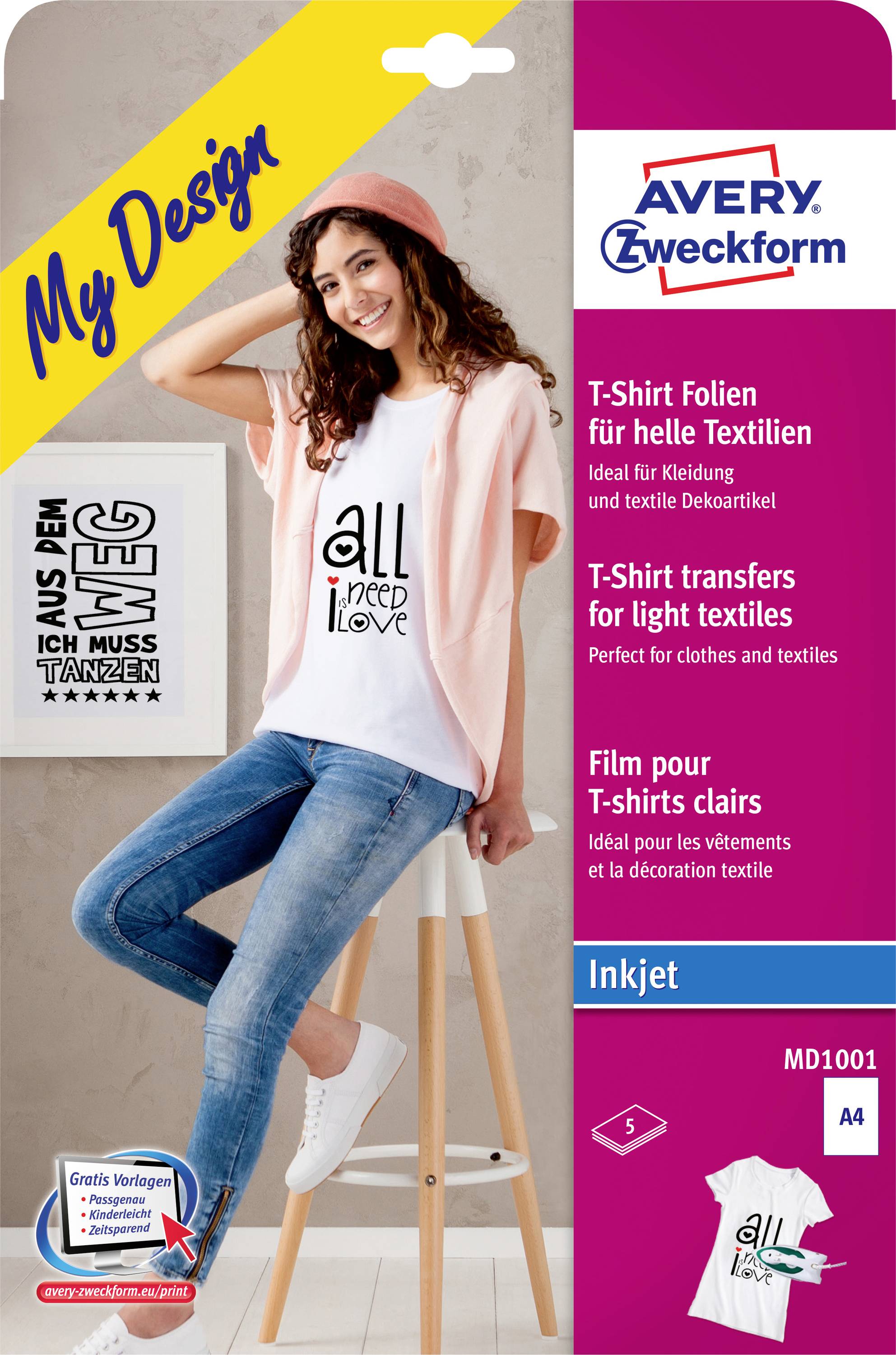Avery Zweckform T-Shirt-Transferfolien-Paket mit einer Frau, die ein bedrucktes weißes T-Shirt trägt; Produkt für helle Textilien und Tintenstrahldrucker.