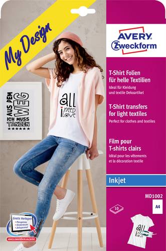 Avery-Zweckform My Design T-Shirt MD1002 Tintenstrahl Textilfolie DIN A4 für helle Textilien, Optim