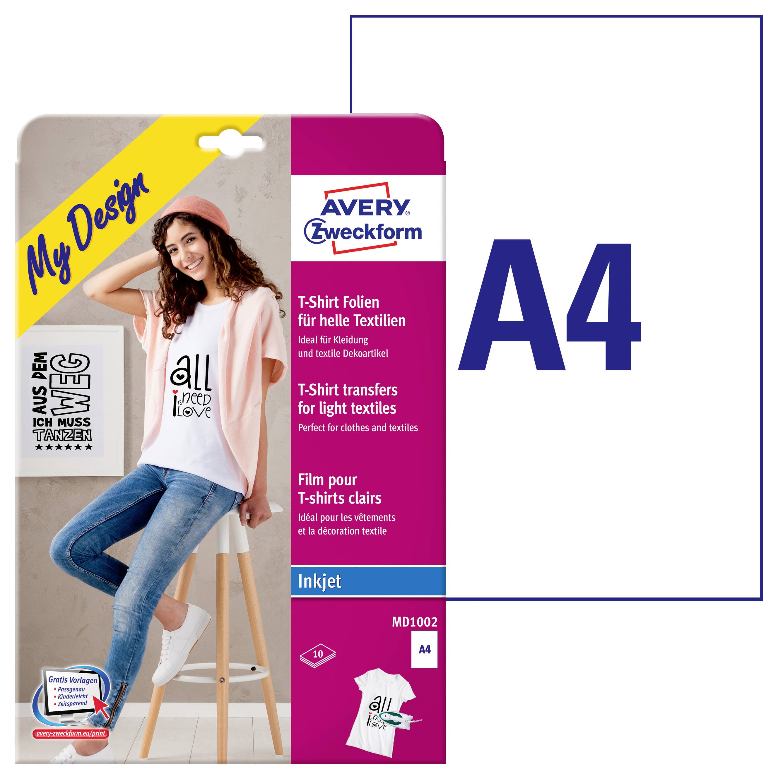 Avery Zweckform A4 T-Shirt-Transferpapier-Packung, auf der eine Frau mit einem bedruckten Hemd zu sehen ist und der Text „A4" auf der rechten Seite.