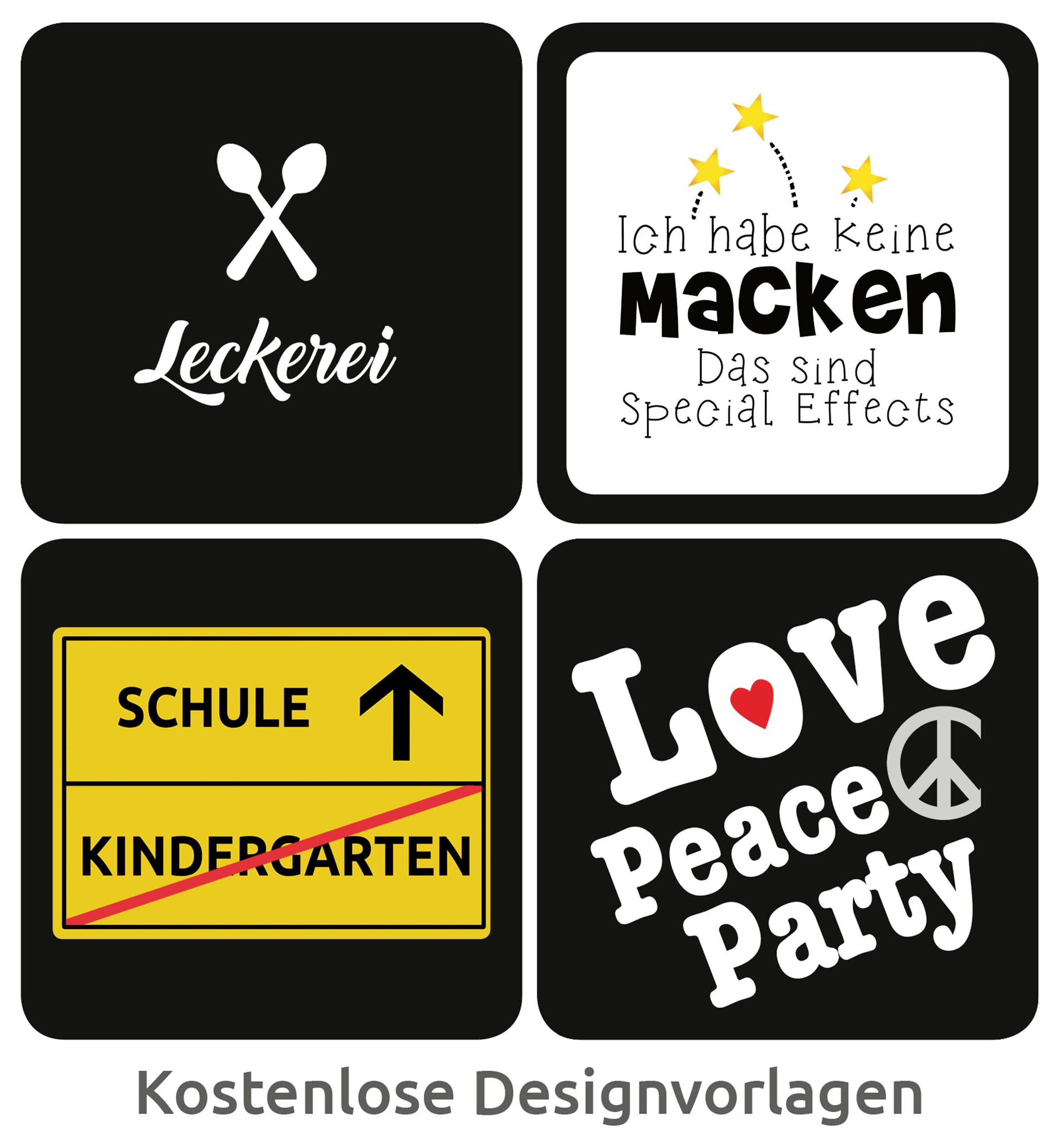 Vier Designvorlagen als Kacheln: 'Leckerei', 'Ich habe keine Macken', Schul- und Kindergarten-Schild, sowie 'Love Peace Party'; darunter 'Kostenlose Designvorlagen'.