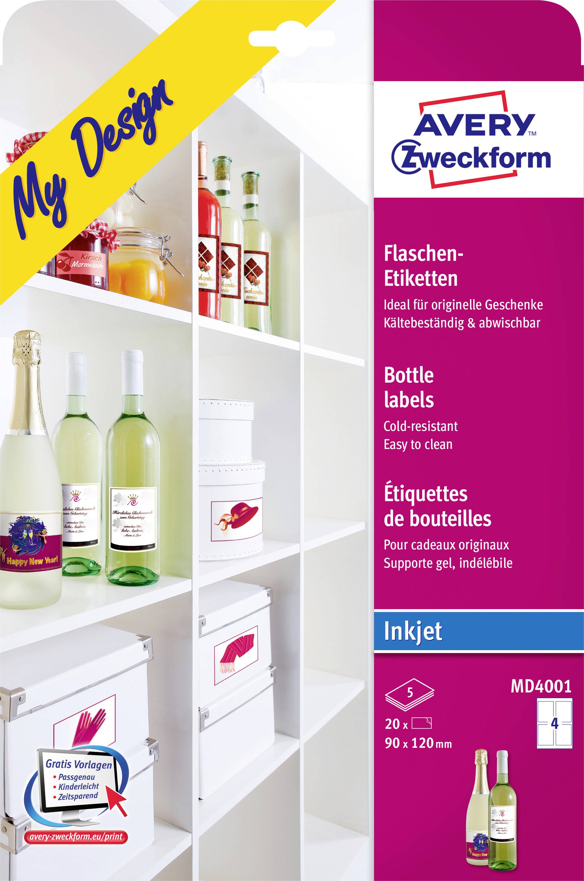 Avery Zweckform Flaschenaufkleber-Paket für Tintenstrahldrucker, zeigt weiße und transparente Aufkleber in einem Lagerfach und Produktdetails für MD4001, 20 Blätter, 90 x 120 mm.