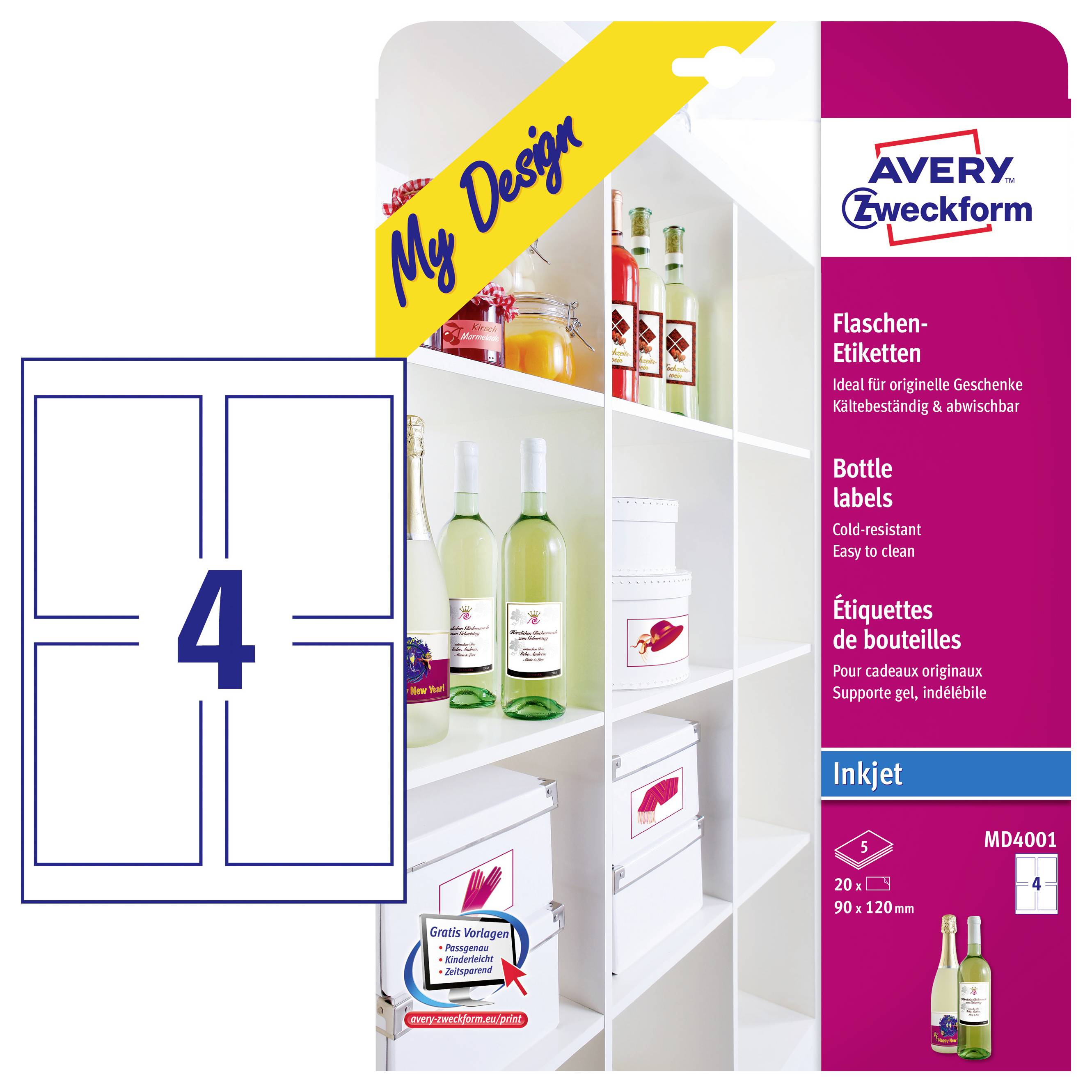 Verpackung für Avery Zweckform Flaschenetiketten MD4001, Format 90 × 120 mm, Inhalt 4 Etiketten; gezeigt auf Flaschen und Boxen in einem Regal.
