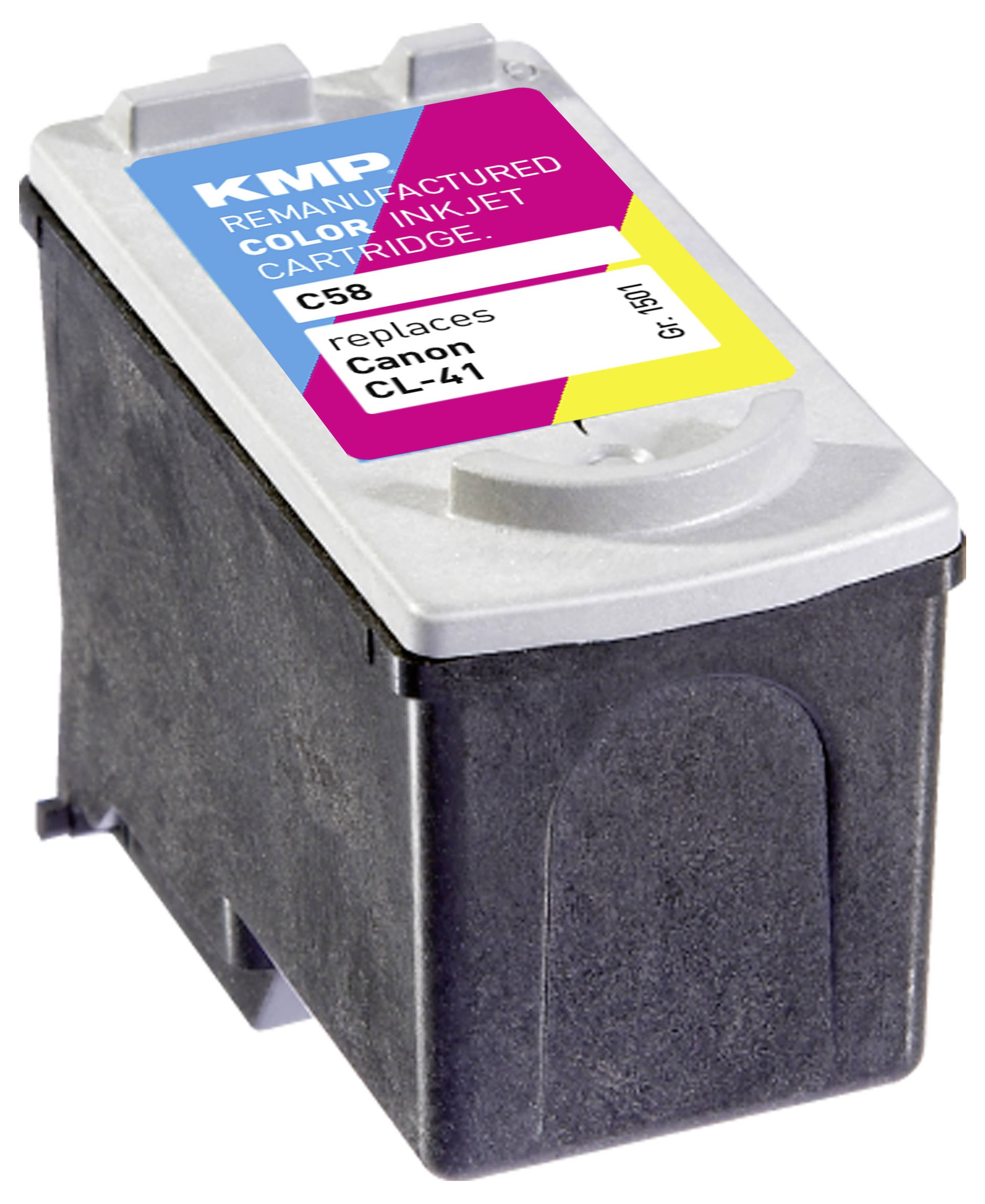 Schwarze erneuerte Tintenstrahlpatrone mit der Bezeichnung "KMP", "C58" und "ersetzt Canon CL-41".