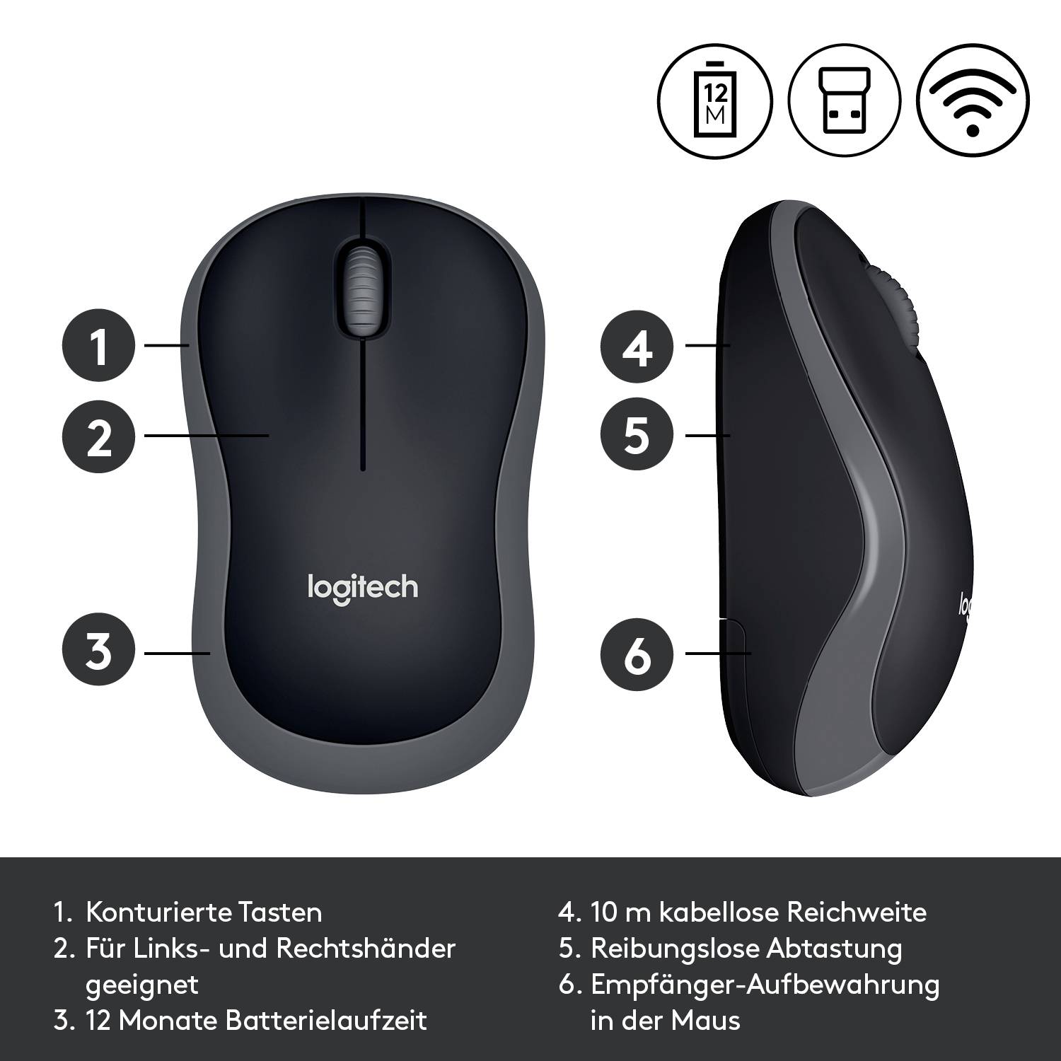 Logitech M185 Maus Funk Optisch Grau 2 Tasten 1000 dpi