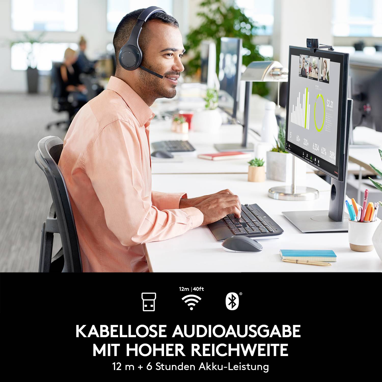 Logitech H800 Computer On Ear Headset Bluetooth® Stereo Schwarz Mikrofon-Rauschunterdrückung, Noise Cancelling Lautstärkeregelung, Mikrofon-Stumms