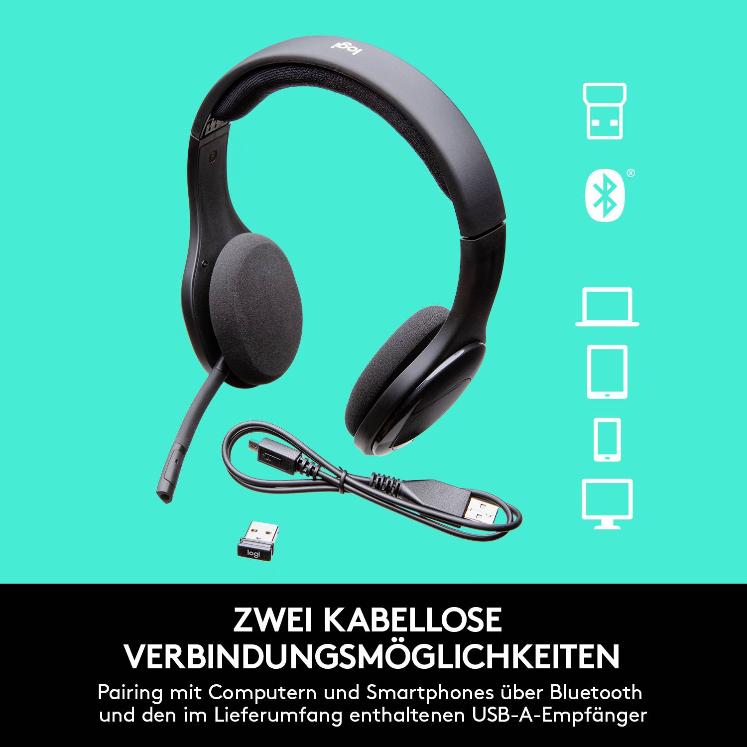 Logitech H800 Computer On Ear Headset Bluetooth® Stereo Schwarz Mikrofon-Rauschunterdrückung, Noise Cancelling Lautstärkeregelung, Mikrofon-Stumms