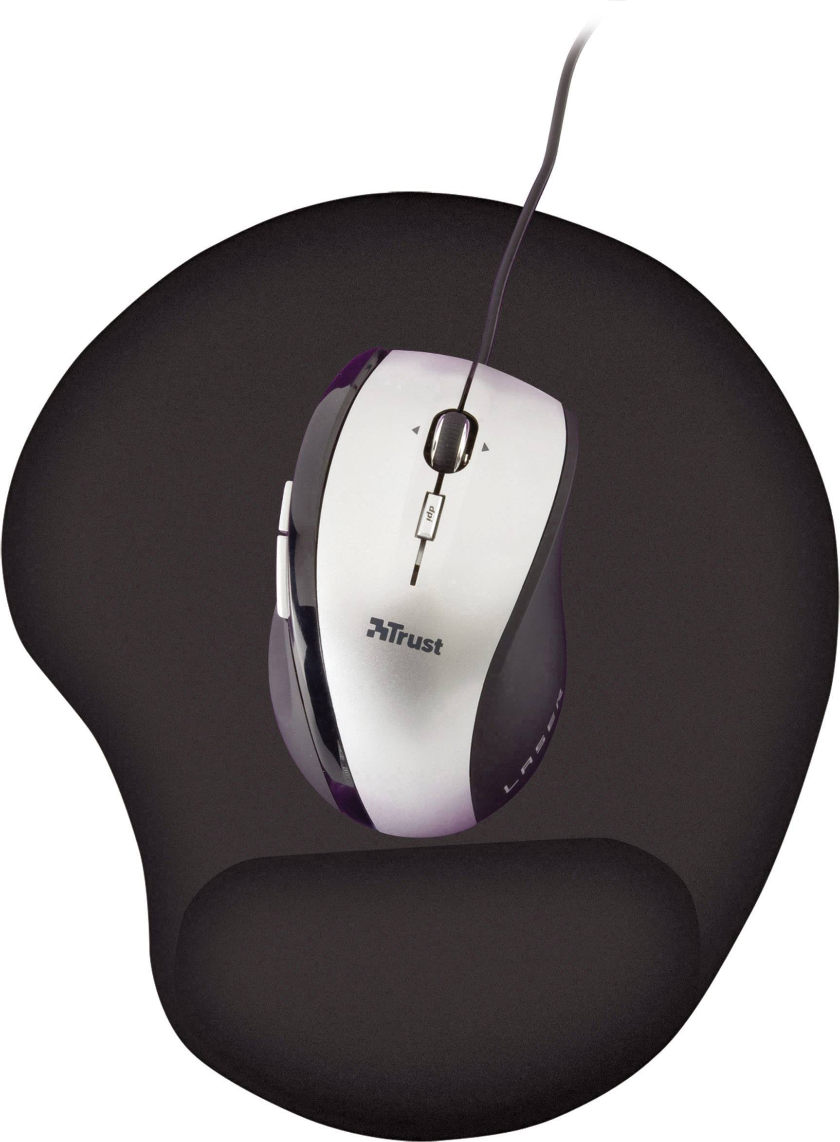 Eine kabelgebundene Maus liegt auf einem ergonomischen, schwarzen Mauspad mit Handgelenkstütze.