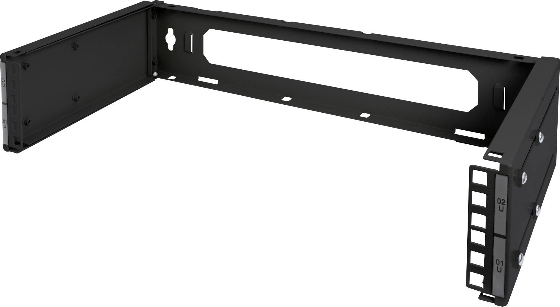 Ein schwarzer 19-Zoll-Rack-Winkeladapter zur Montage von Geräten an einer Rack-Schiene. Ideal für Serverräume oder technische Einrichtungen.