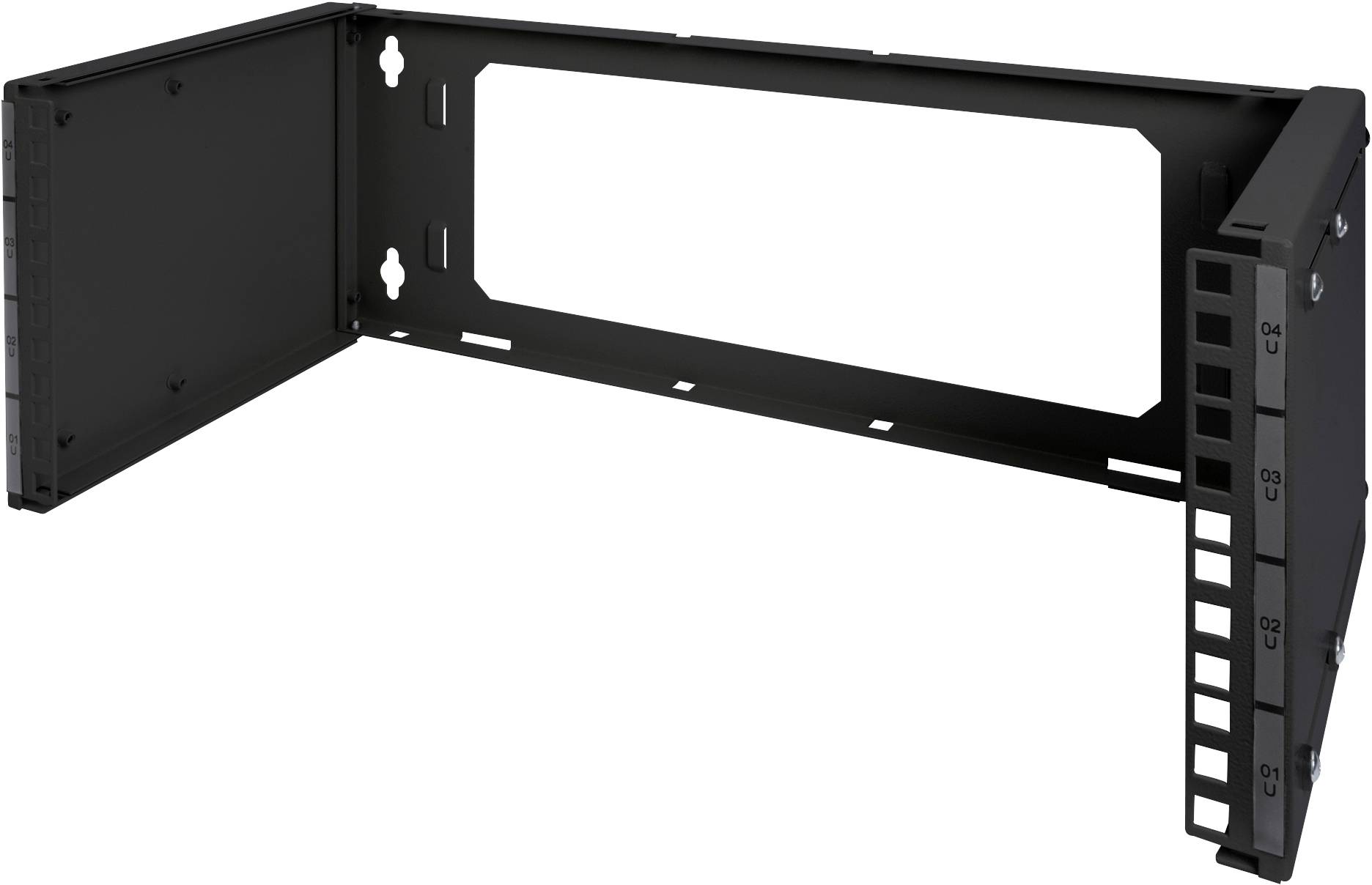Ein 19-Zoll-Schwenkrahmen, schwarz, mit mehreren modularen Steckplätzen für Netzwerkkabelmanagement in einem Serverraum.