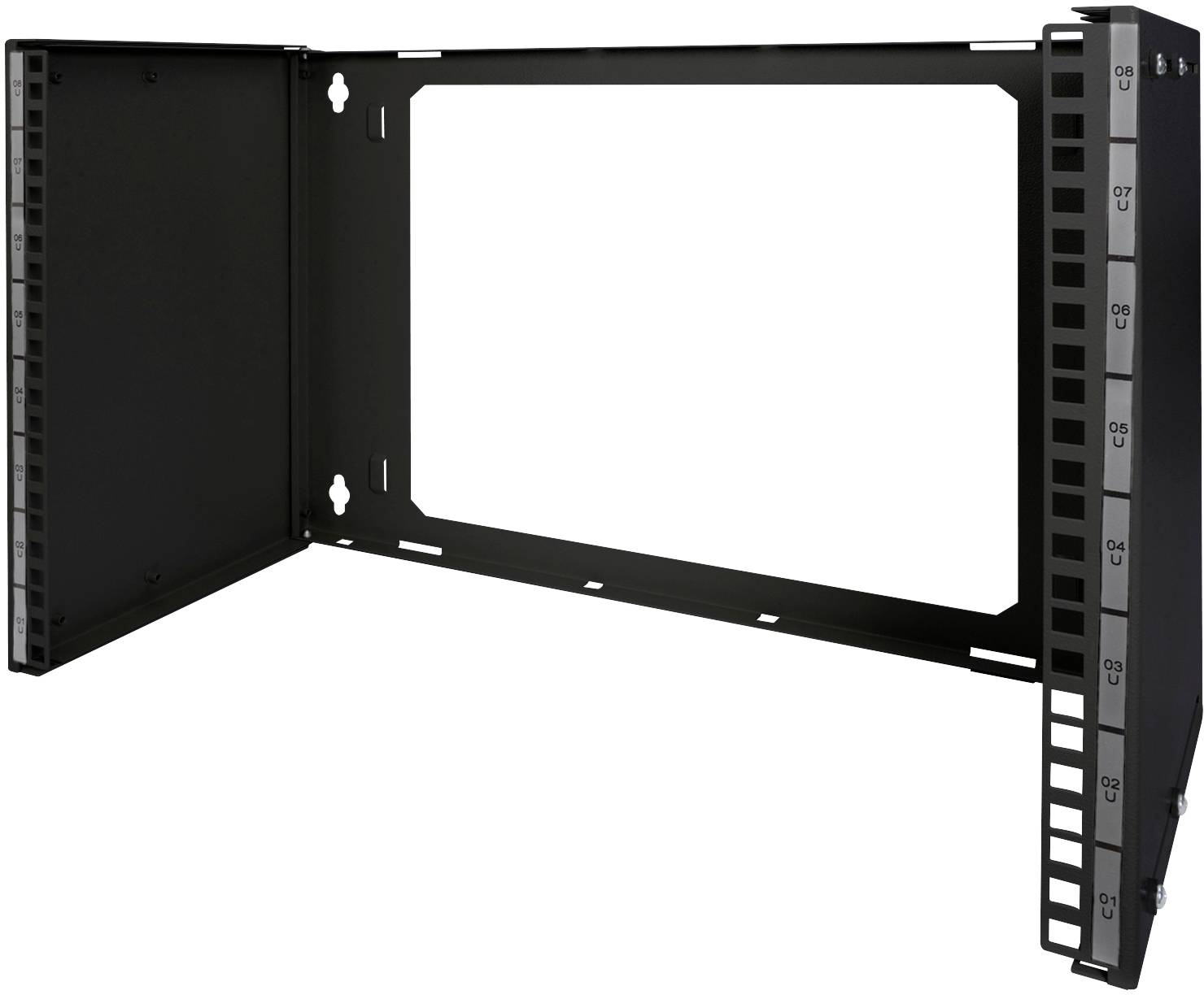 Ein schwarzer, wandmontierter Netzwerkverteilerschrank mit offenen Seitenwänden, der für die Montage von Netzwerkkomponenten vorbereitet ist.