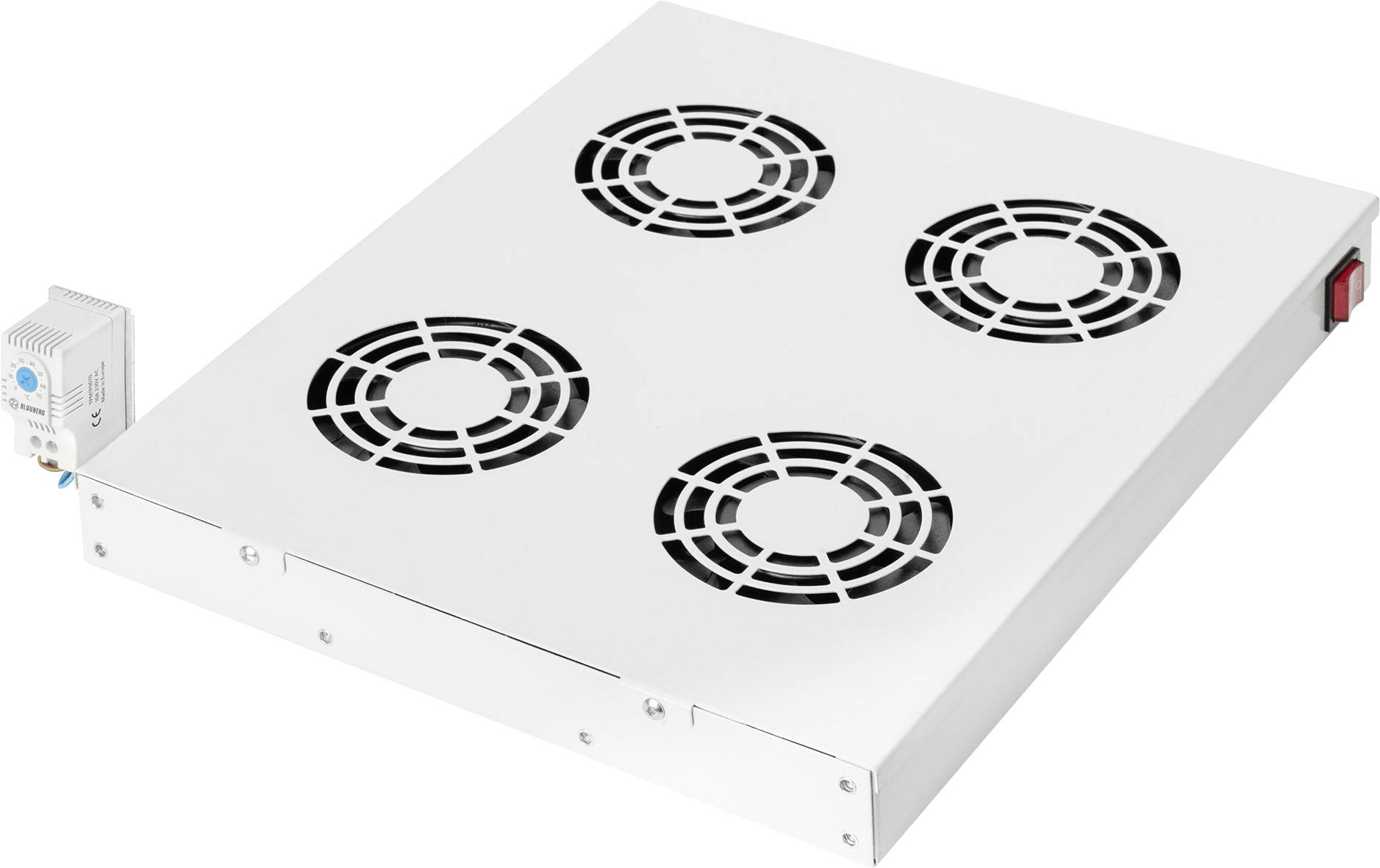 Weißes Metallpanel mit vier runden Lüftungsöffnungen und einer kleinen elektrischen Komponente an der Seite, das in Belüftungs- oder Kühlsystemen verwendet wird.