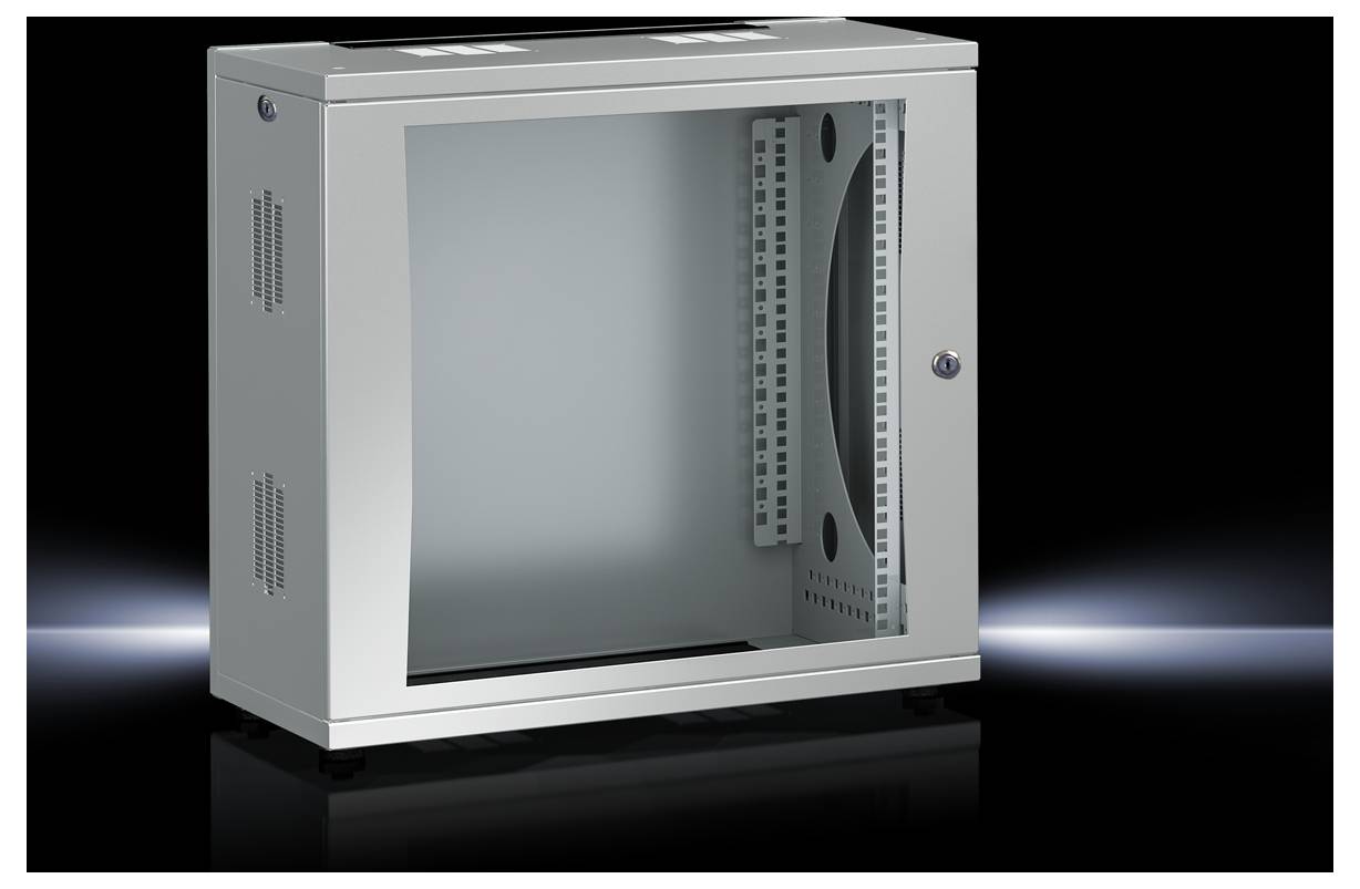 Metallschrank mit Glastür und offenen Seiten, geeignet zur Wandmontage. Ideal zur sicheren Aufbewahrung von Elektronikgeräten.
