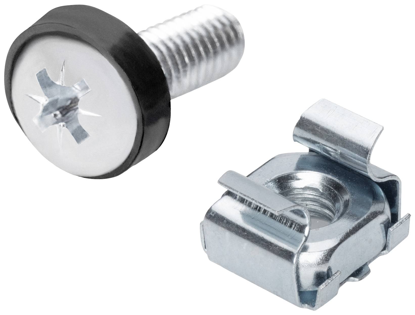Schraube und Käfigmutter aus Metall, silberfarben. Schraube mit schwarzem Rand und Kreuzschlitz. Verwendet zur Befestigung.