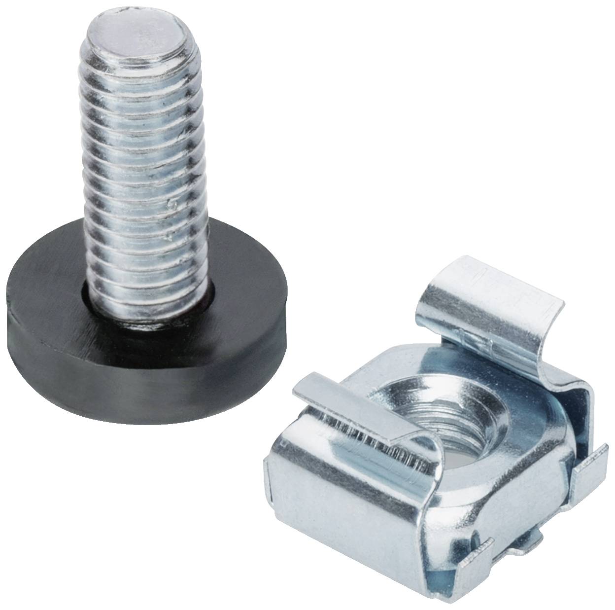 Metallschraube und Käfigmutter auf weißem Hintergrund. Schraube hat eine flache Unterlegscheibe.