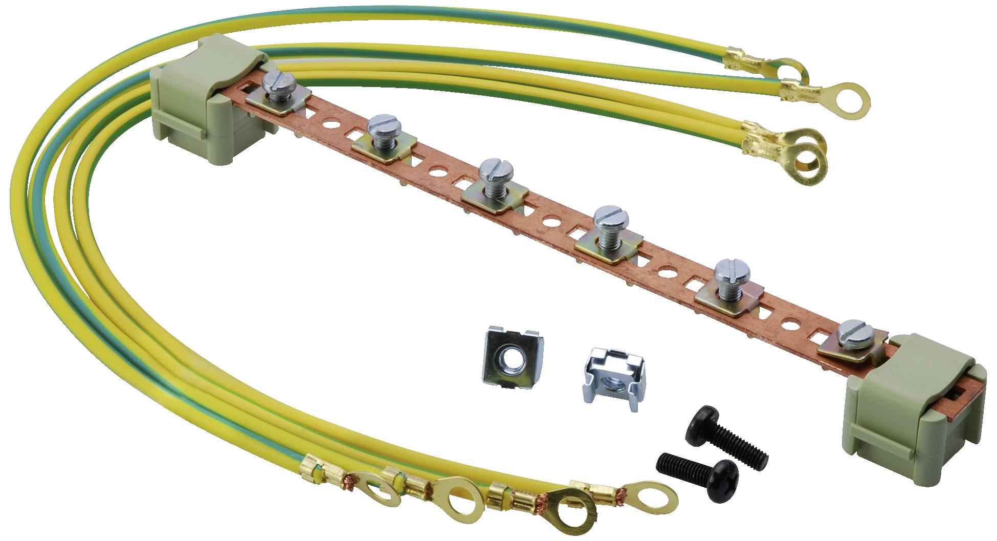 Erdungsschiene mit mehreren gelb-grünen Kabeln und Befestigungsschrauben, dient der elektrischen Erdung von Geräten.