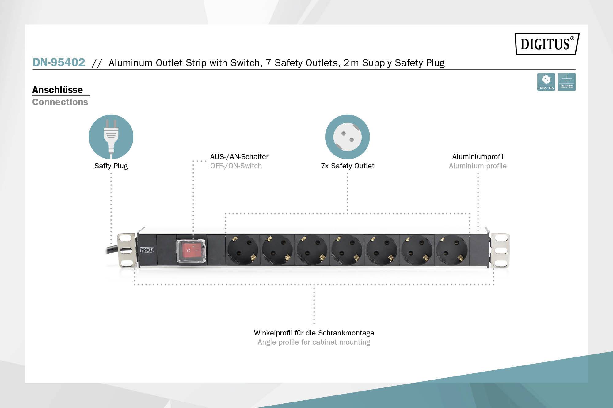 Aluminium-Steckdosenleiste mit Schalter, 7 Sicherheitssteckdosen, Schutzkontaktstecker, 2 m Zuleitung, Aluminiumprofil.