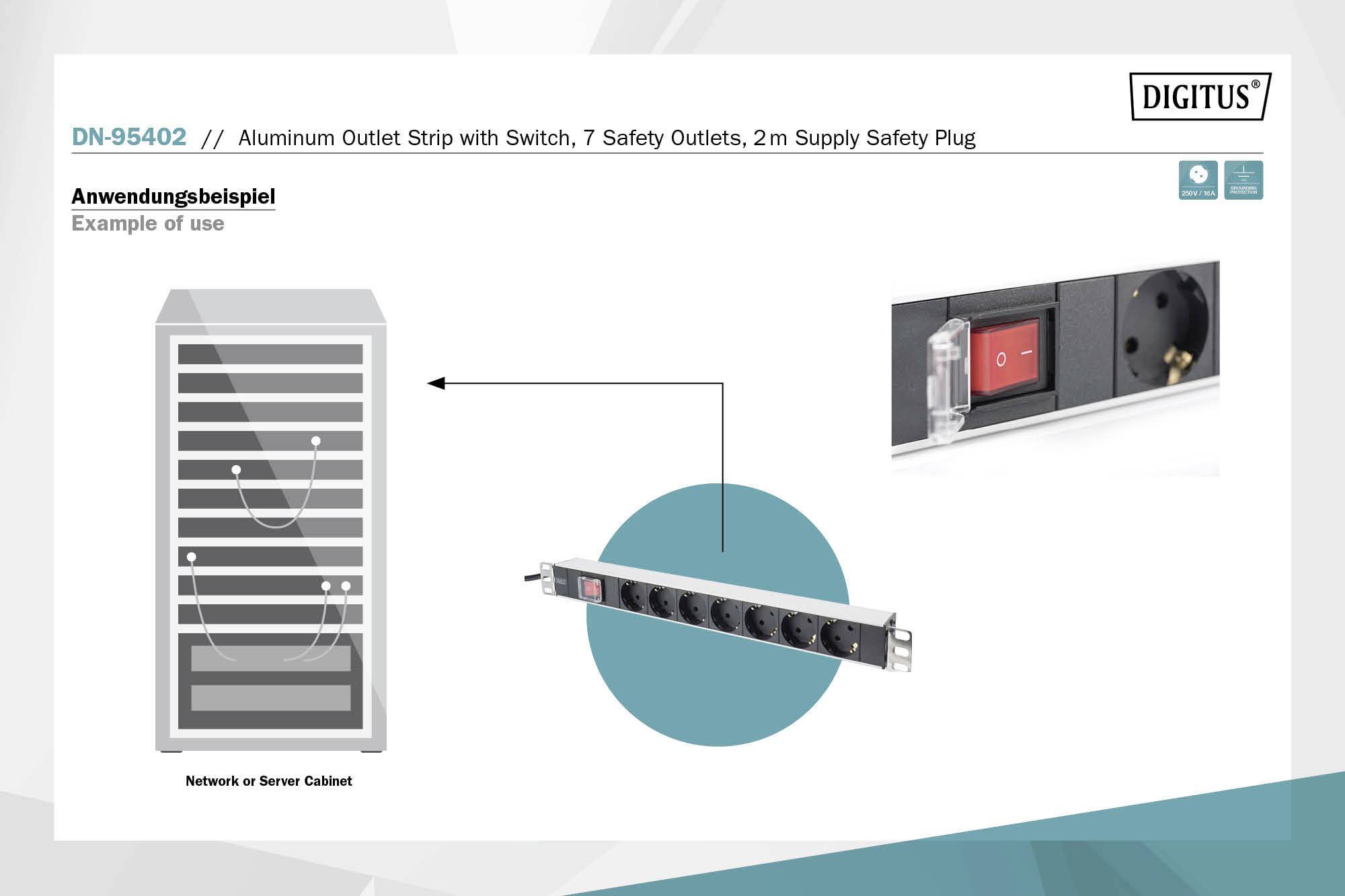 Aluminium-Steckdosenleiste mit Schalter, 7 Sicherheitssteckdosen, 2m Kabel. Anwendungsbeispiel: Netzwerk- oder Serverschrank.