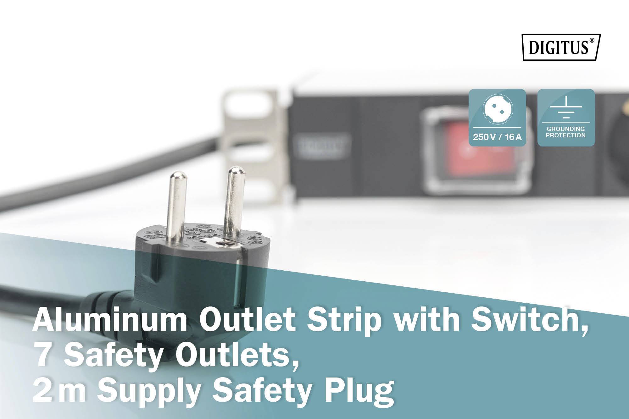 Aluminium-Steckdosenleiste mit Schalter, 7 Sicherheitssteckdosen, 2 m Zuleitung mit Sicherheitsstecker; 250V/16A, Schutzleiterfunktion.