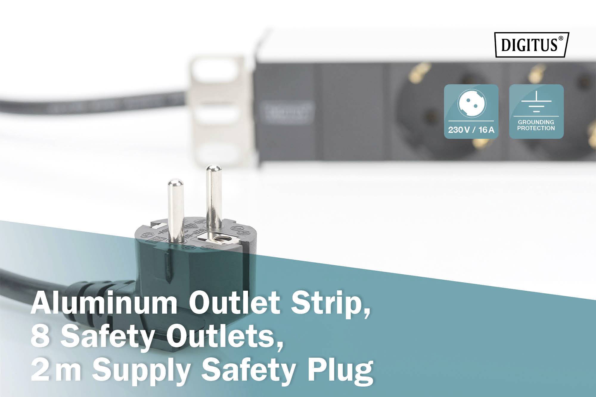 Aluminiumsteckdosenleiste, 8 Sicherheitssteckdosen, 2m Zuleitung mit Sicherheitsstecker. Abbildung zeigt Steckdosenleiste und Stecker.