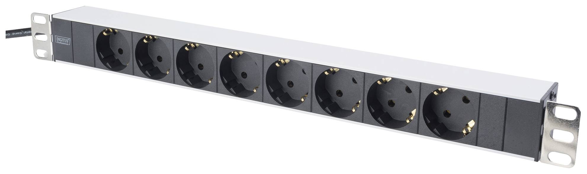 Eine Steckdosenleiste mit acht Schuko-Steckdosen, montierbar in einem 19-Zoll-Rack, zur Stromverteilung in einem Serverschrank.