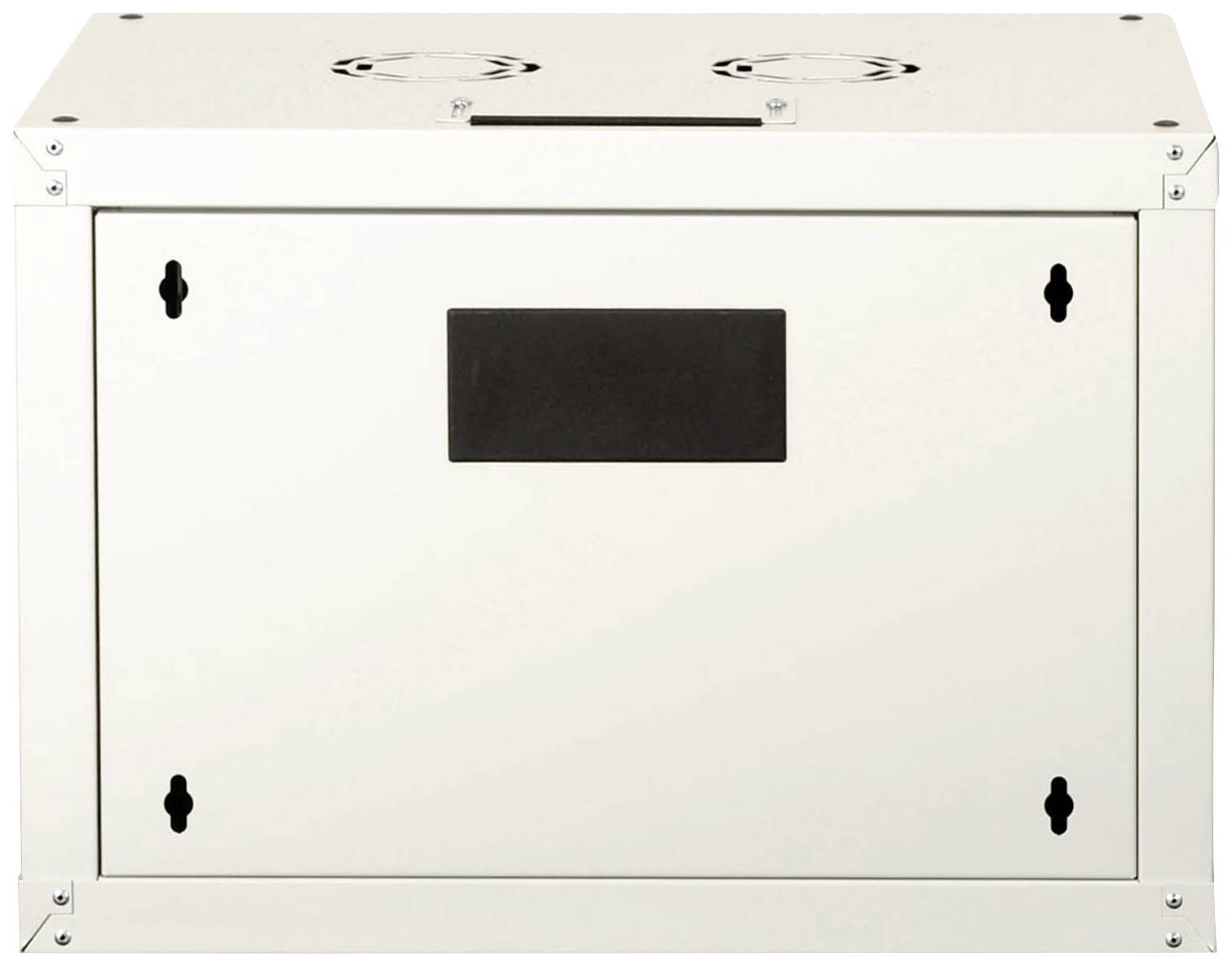 Ein weißer metallener Wandschrank mit schwarzem Schild in der Mitte und Lüftungsöffnungen oben.