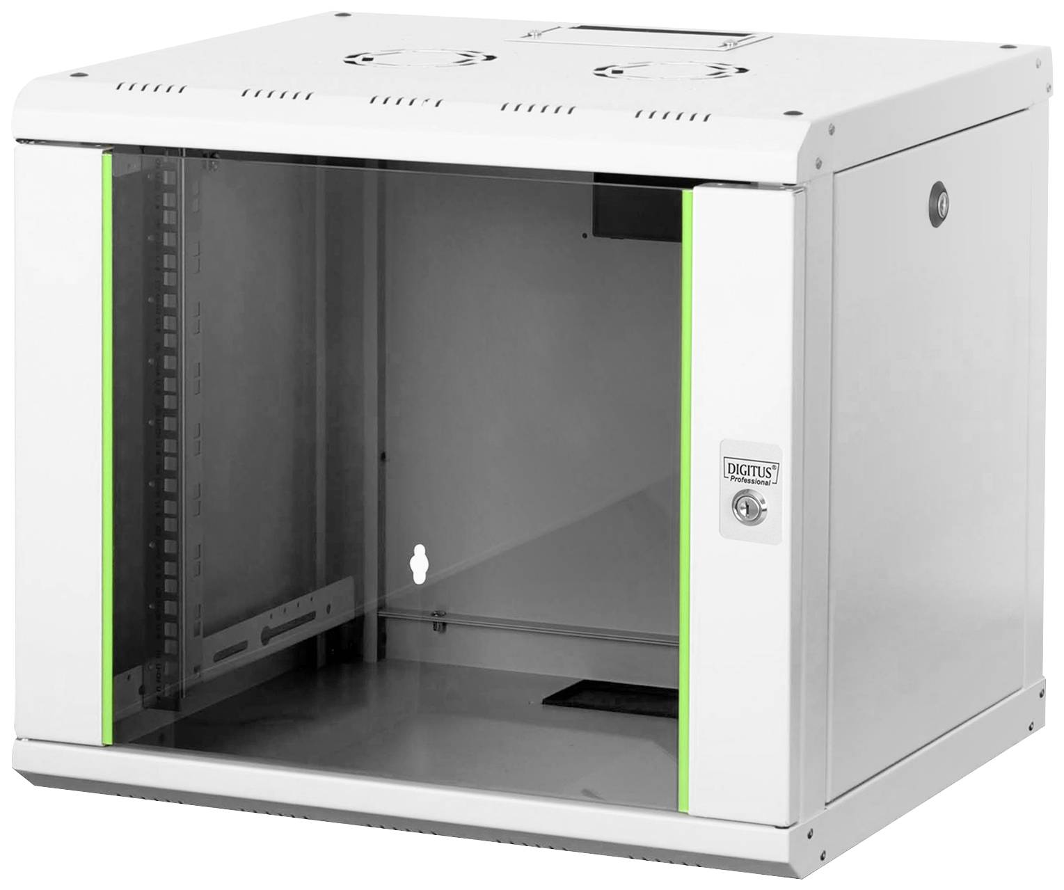 Weißes, leeres Server-Rack-Gehäuse mit Glastür. Seiten sind aus Metall, vorne mit grünem Akzent. An der Tür ist ein Schloss.