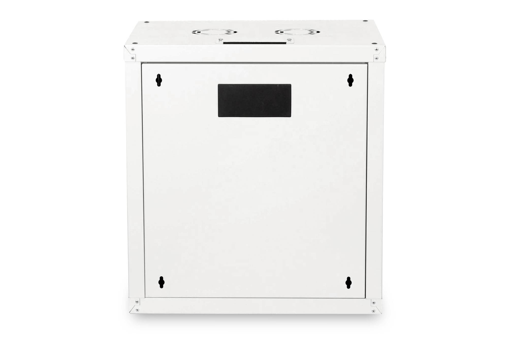 Weiße, quadratische Metallbox mit schwarzem rechteckigem Schild vorne. Sie hat Riemen an der Oberseite und Löcher zur Befestigung.