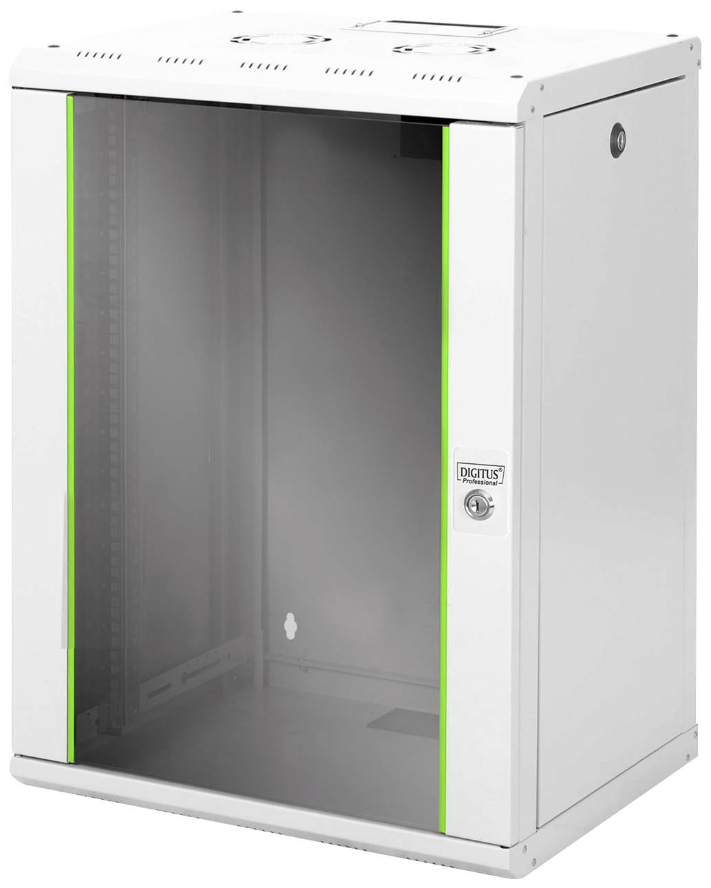 Ein weißer Wandschrank für IT-Geräte mit Glastür und Schloss, geeignet zur sicheren Aufbewahrung von Netzwerkkomponenten.