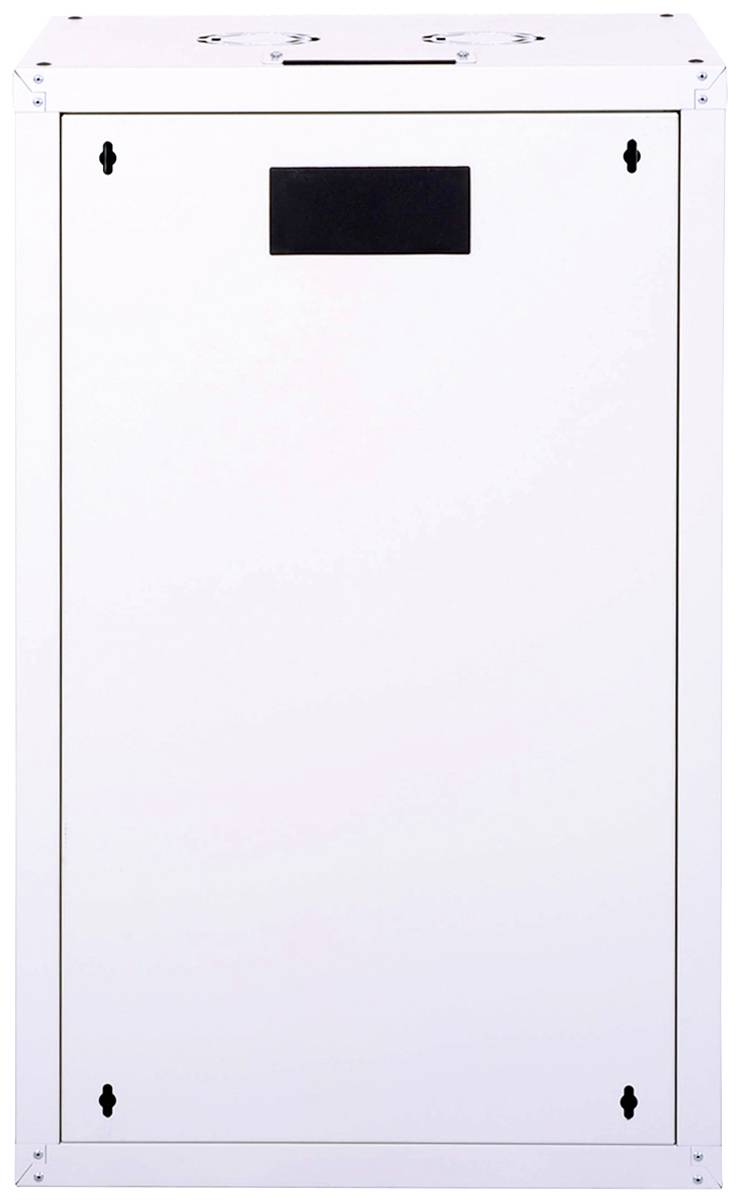 Ein rechteckiger, weißer Metallschrank mit einer schwarzen Tafel in der Mitte; es ist verschließbar und hat abgerundete Ecken.