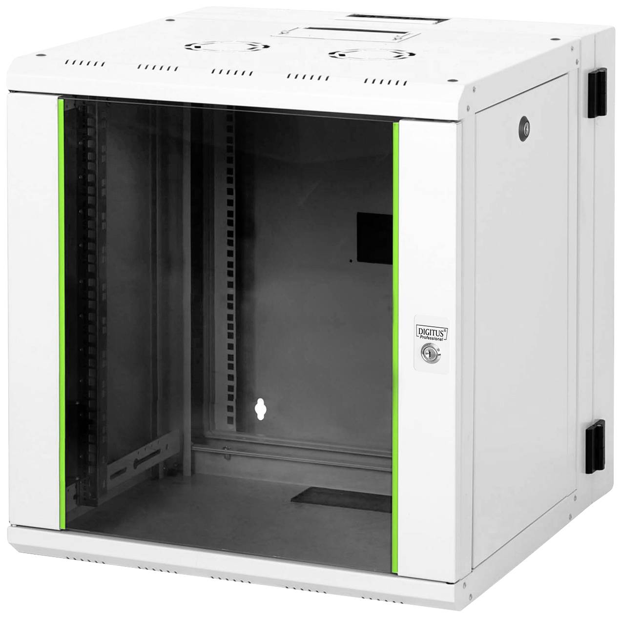Ein leerer, weißer Netzwerk-Schaltschrank mit einer durchsichtigen Tür und grünen Akzentlinien an den Seiten.