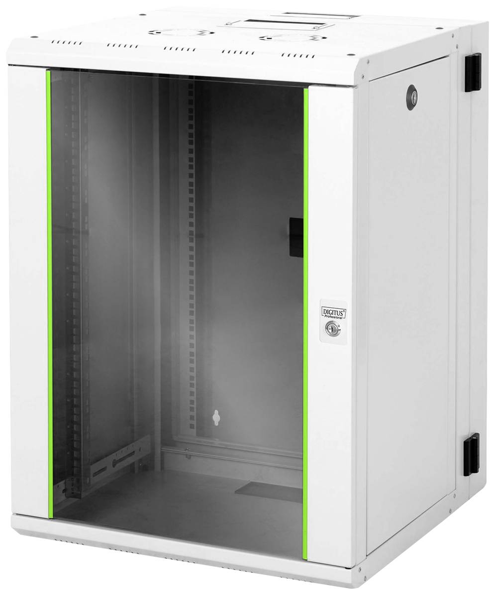 Ein weißer Server-Rack-Schrank mit Glastür und grünen Akzenten, geeignet zur Aufnahme von IT-Geräten in einem sicheren Gehäuse.