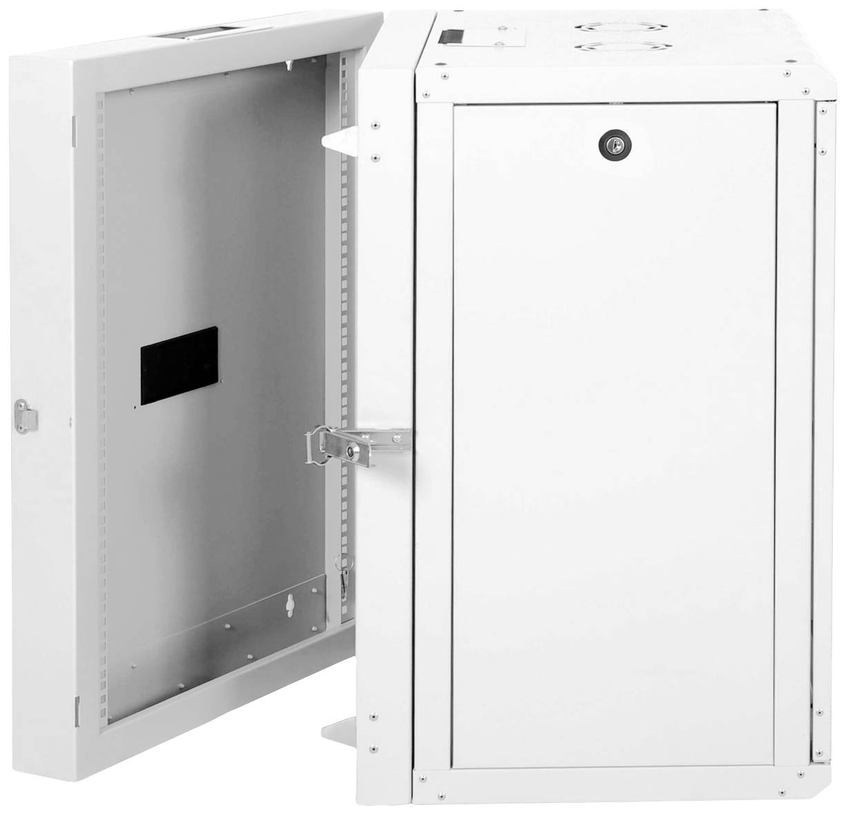 Ein weißer Wandschrank aus Metall mit geöffneter Fronttür zeigt ein leeres Inneres.