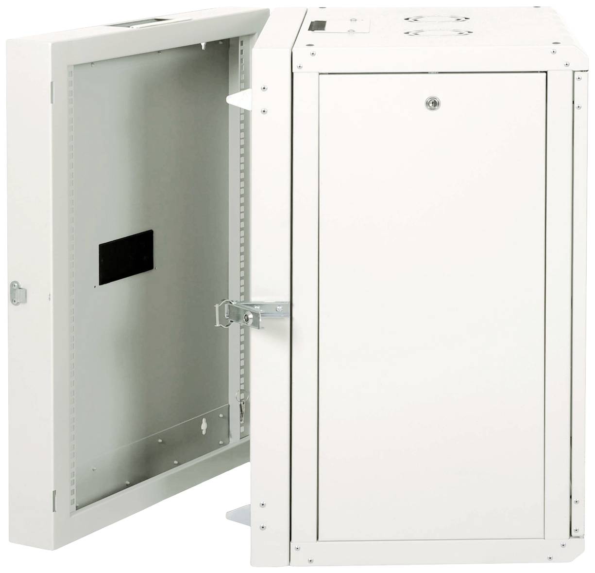 Ein geöffneter, weißer Metall-Schaltschrank mit sichtbarem Innenraum, geeignet für die Unterbringung von elektrischen Geräten.