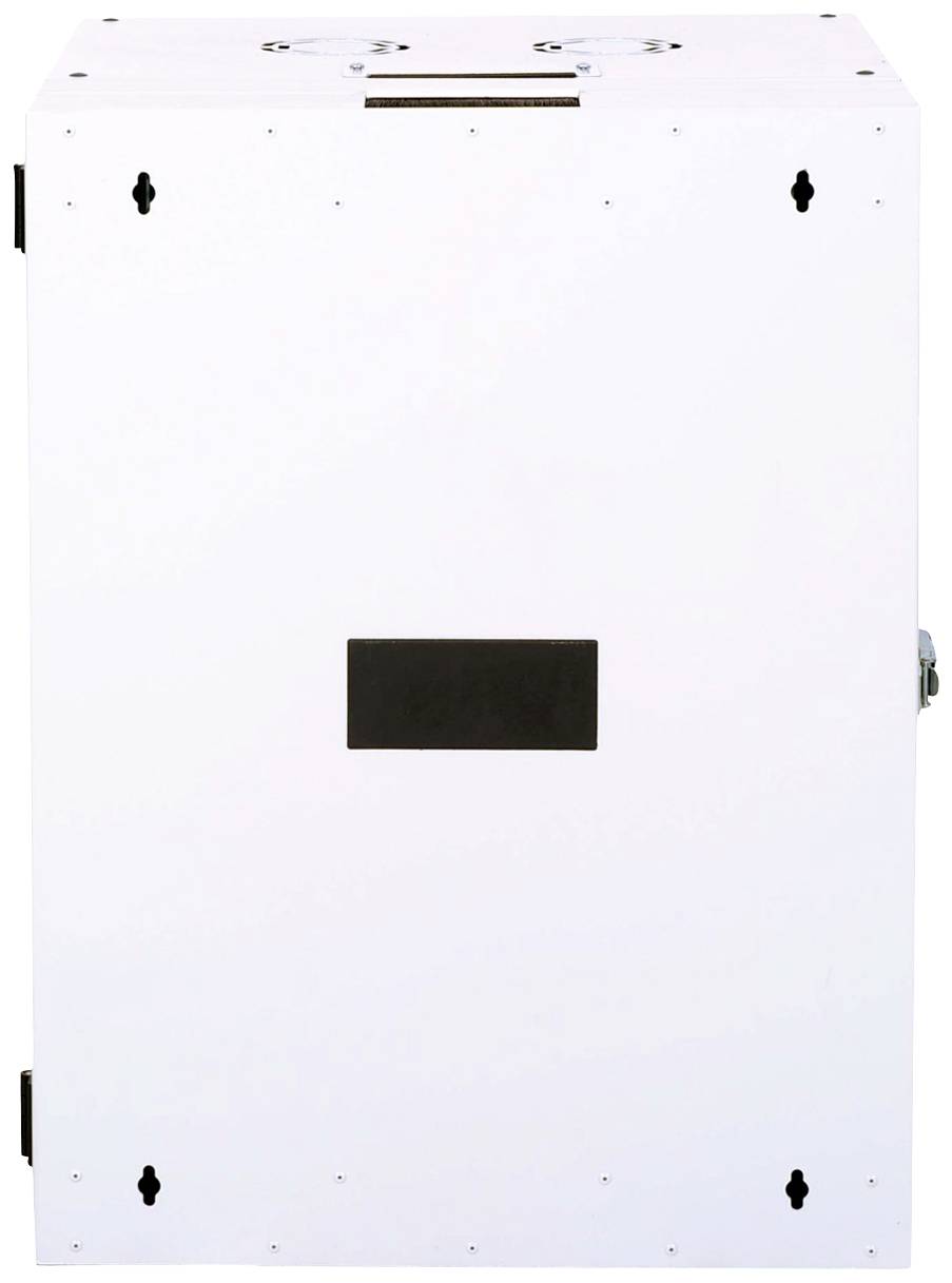 Ein weißes, rechteckiges Gehäuse mit schwarzen Befestigungselementen und einer rechteckigen Öffnung in der Mitte.
