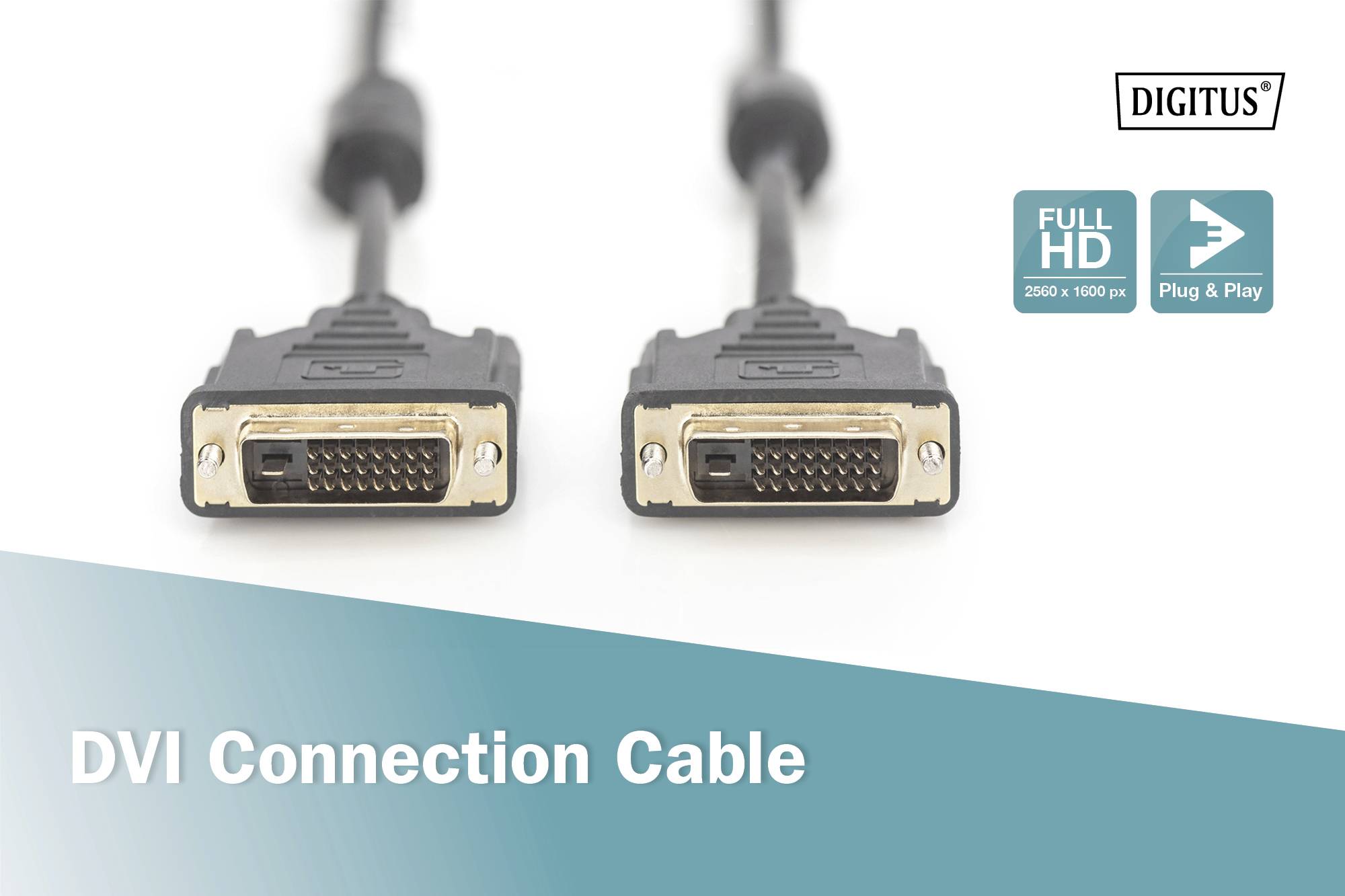 Zwei DVI-Stecker auf einem Kabel. In der Ecke ist das Logo von 'DIGITUS' und Symbole für 'Full HD, 1080p' und 'Plug & Play'.