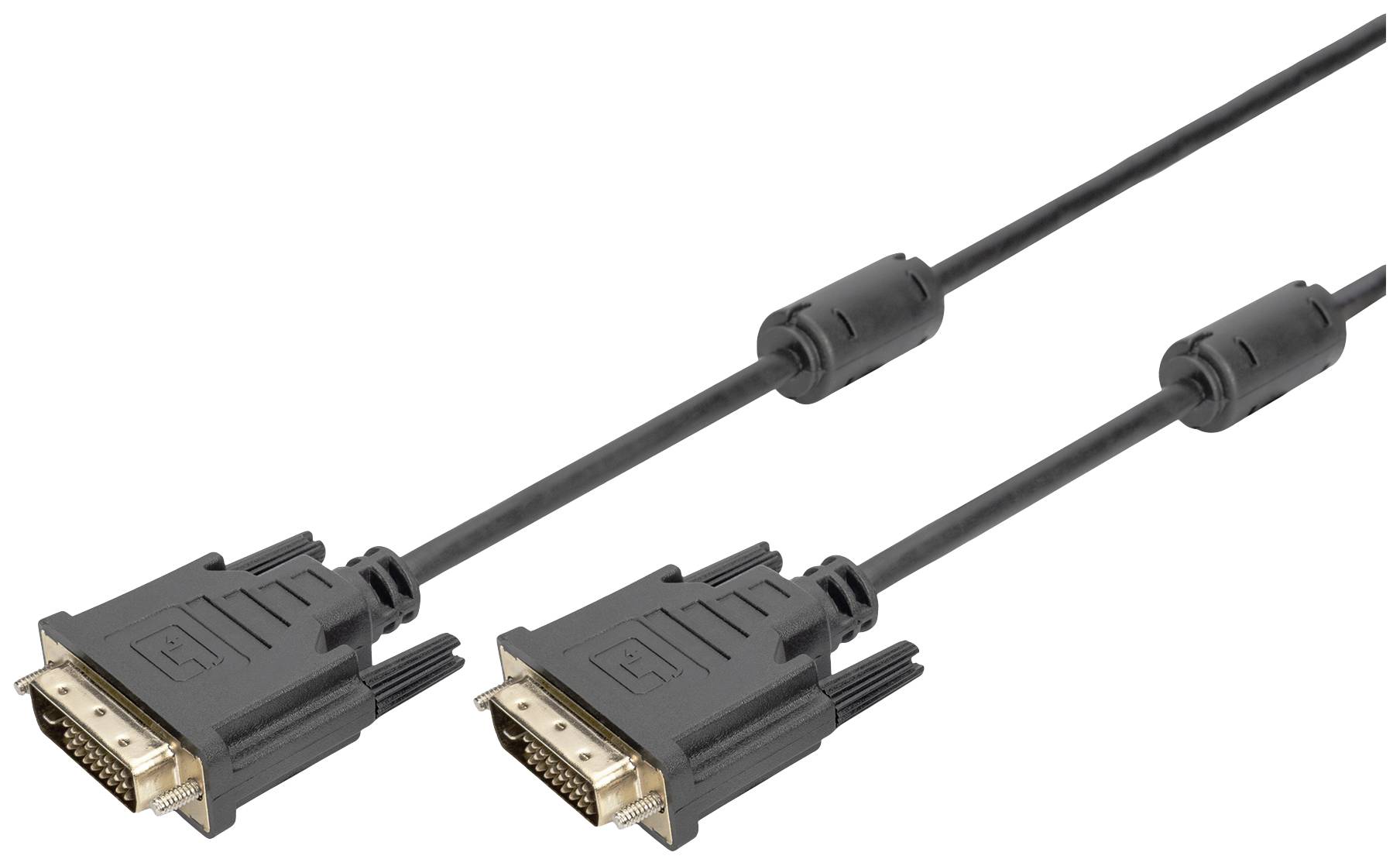 Zwei schwarze DVI-Kabel mit Steckern an beiden Enden, geeignet für digitale Videoverbindungen.