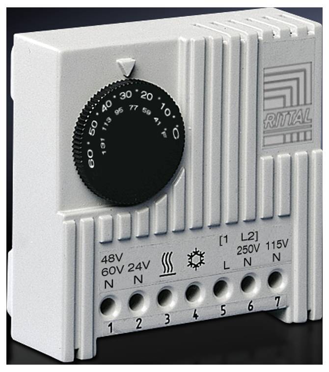 Regelthermostat, grau, mit schwarzem Drehregler; Skala 0°-60°C; Logos und Symbole für elektrische Spezifikationen und Anschlüsse.