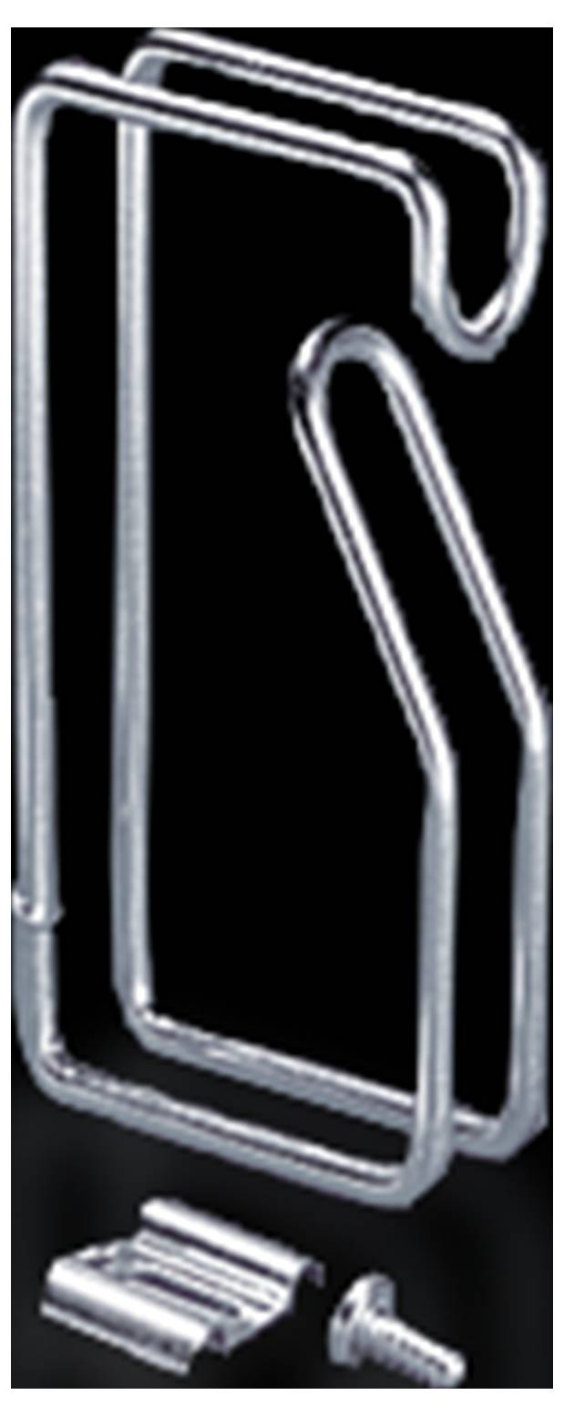 Metallhaken und Befestigungsmaterial auf schwarzem Hintergrund. Enthält Schraube und einen kleinen Metallclip.