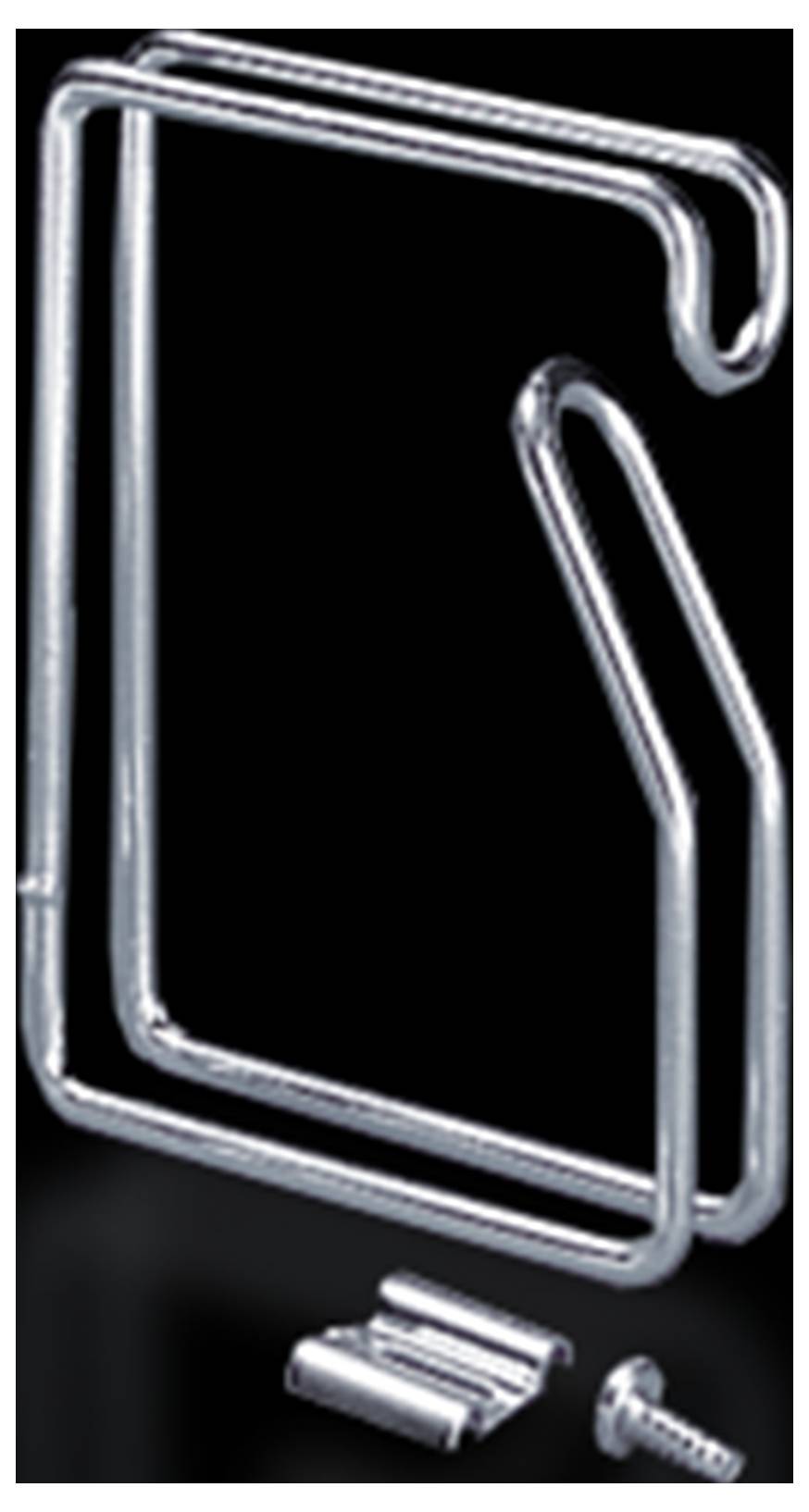 Metallhalterung und Schrauben vor schwarzem Hintergrund, möglicherweise für die Montage von Geräten an einer Wand.