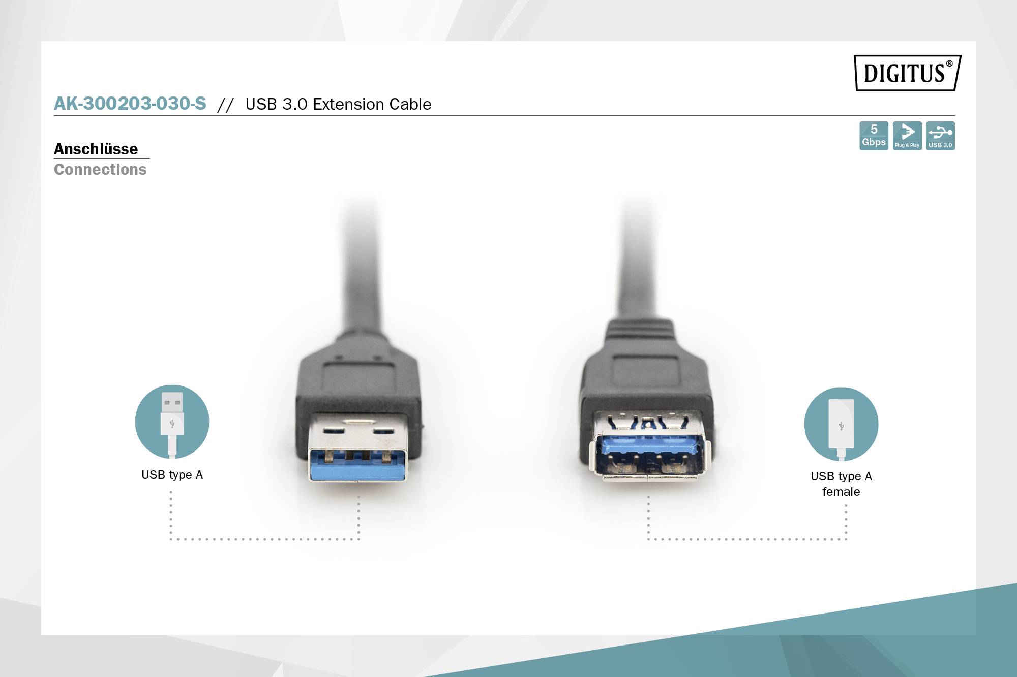 Digitus USB-Kabel USB 3.2 Gen1 (USB 3.0 / USB 3.1 Gen1) USB-A Stecker, USB-A Buchse 3.00m Schwarz AK-300203-030-S