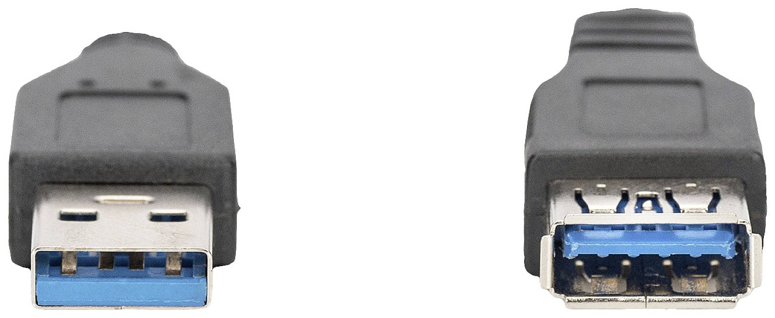 Zwei USB 3.0-Stecker: links männlicher, rechts weiblicher Anschluss. Beide mit blauer Innenfläche, die hohe Datenübertragungsrate anzeigt.