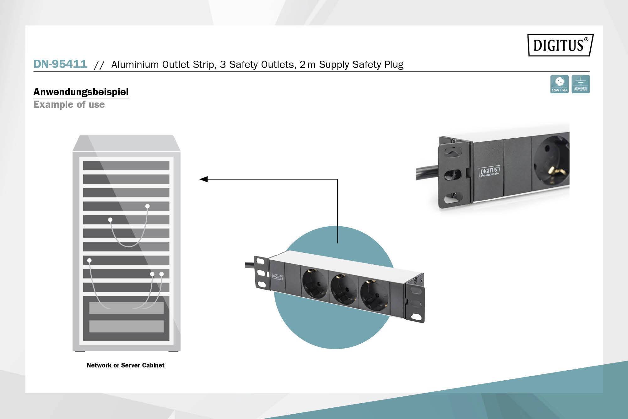 Abbildung zeigt eine Aluminium-Steckdosenleiste mit drei Sicherheitssteckdosen und 2m Sicherheitsstecker, geeignet für Server-Schränke.