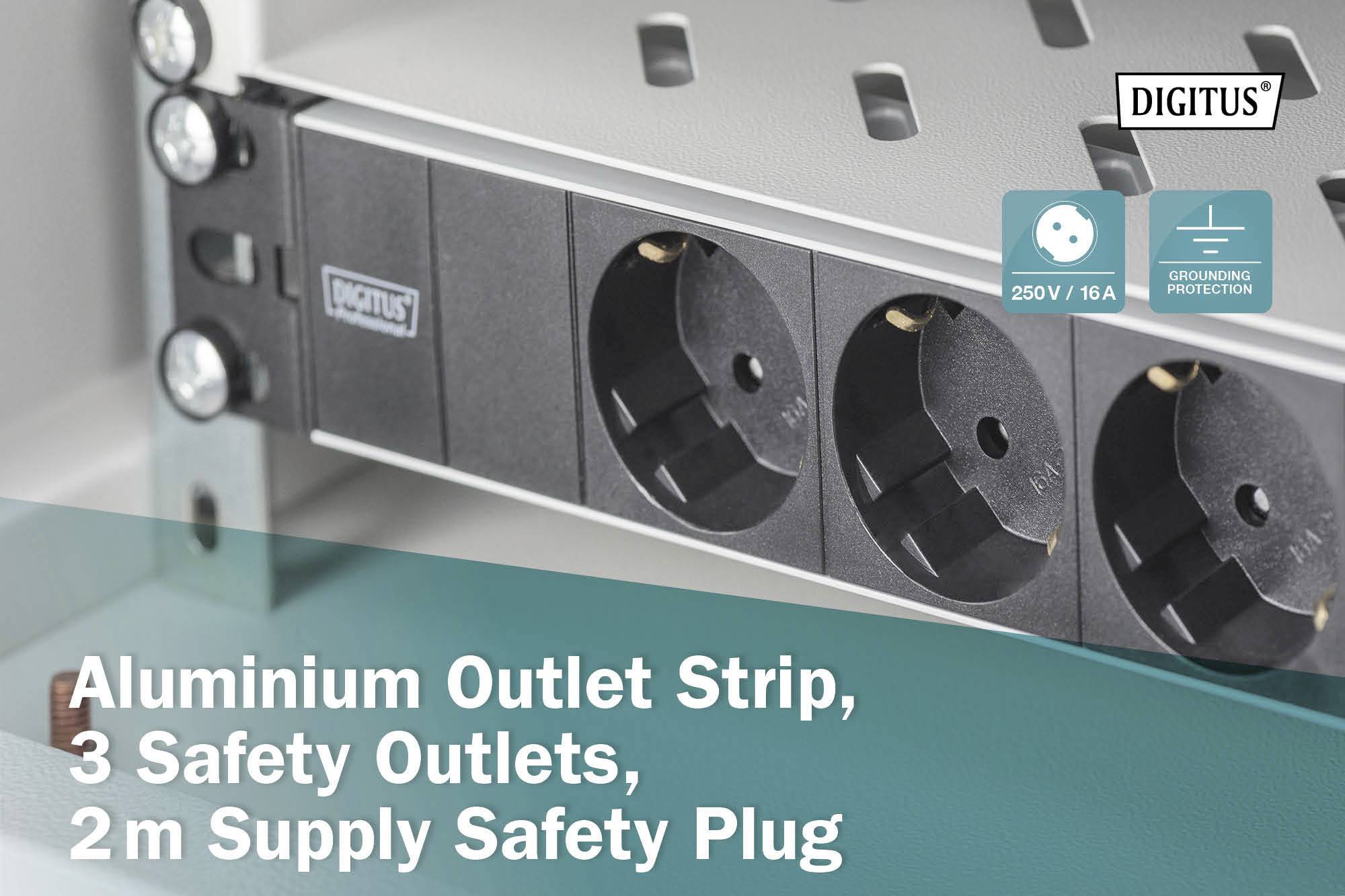 Aluminium-Steckdosenleiste mit 3 Sicherheitssteckdosen, 2 m Sicherheitsstecker. Schutz: 250V/16A, Erdungsschutz.