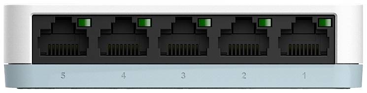 Ein Netzwerk-Switch mit fünf Ethernet-Ports, nummeriert von 1 bis 5, alle Ports sind verfügbar und in grün markiert.